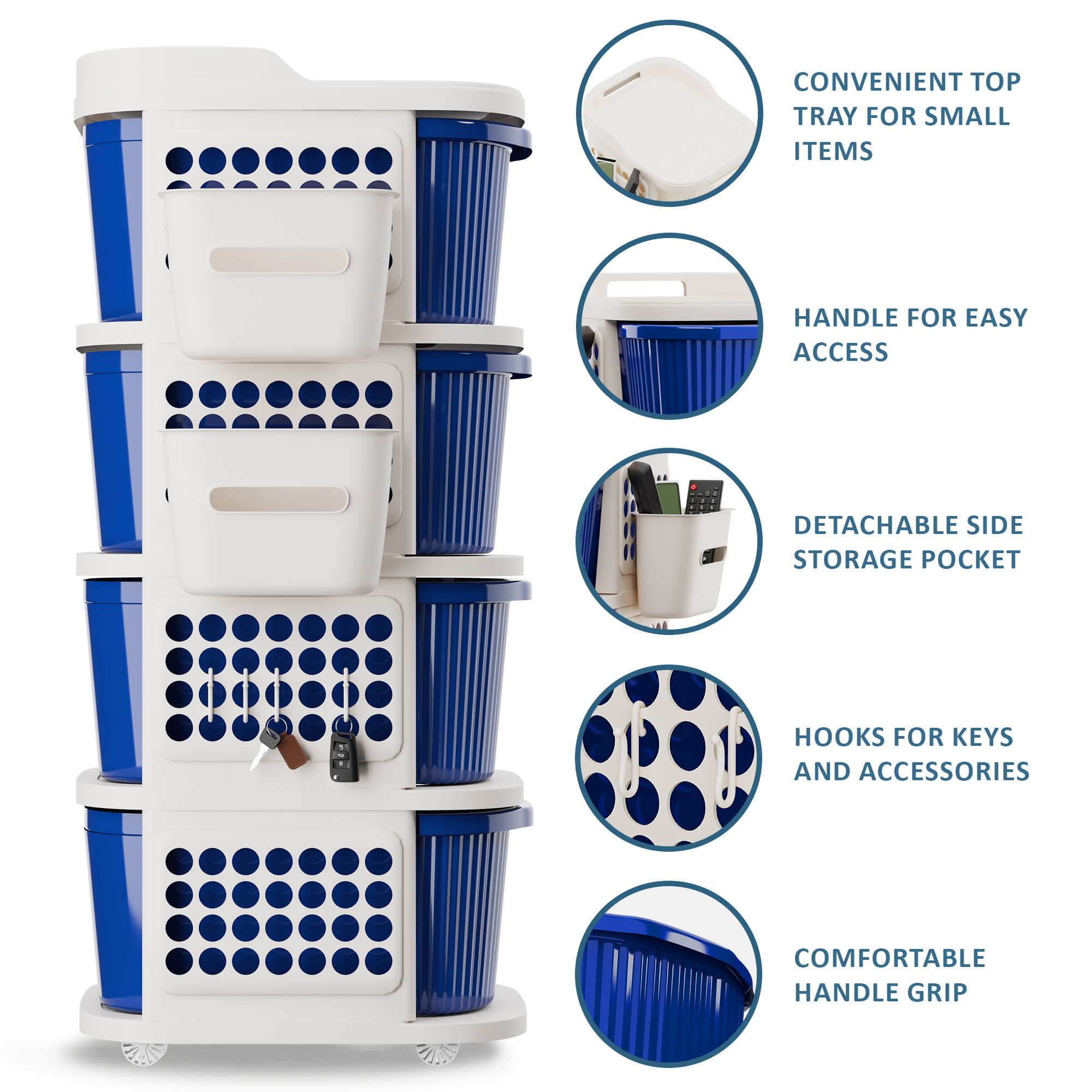 4 Tier Plastic Storage Drawer Cabinet with Side BasketHooksIntegrated Handle  Smooth Wheels  Modular System Rack for Storage in Home  Ivory  Blue