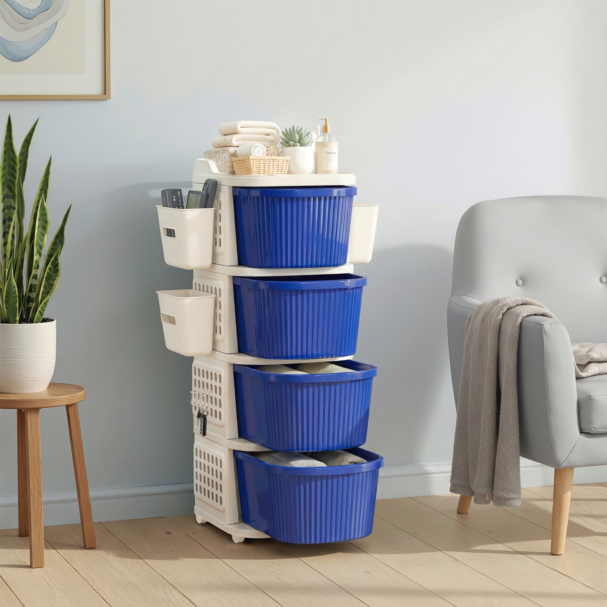 4 Tier Plastic Storage Drawer Cabinet with Side BasketHooksIntegrated Handle  Smooth Wheels  Modular System Rack for Storage in Home  Ivory  Blue