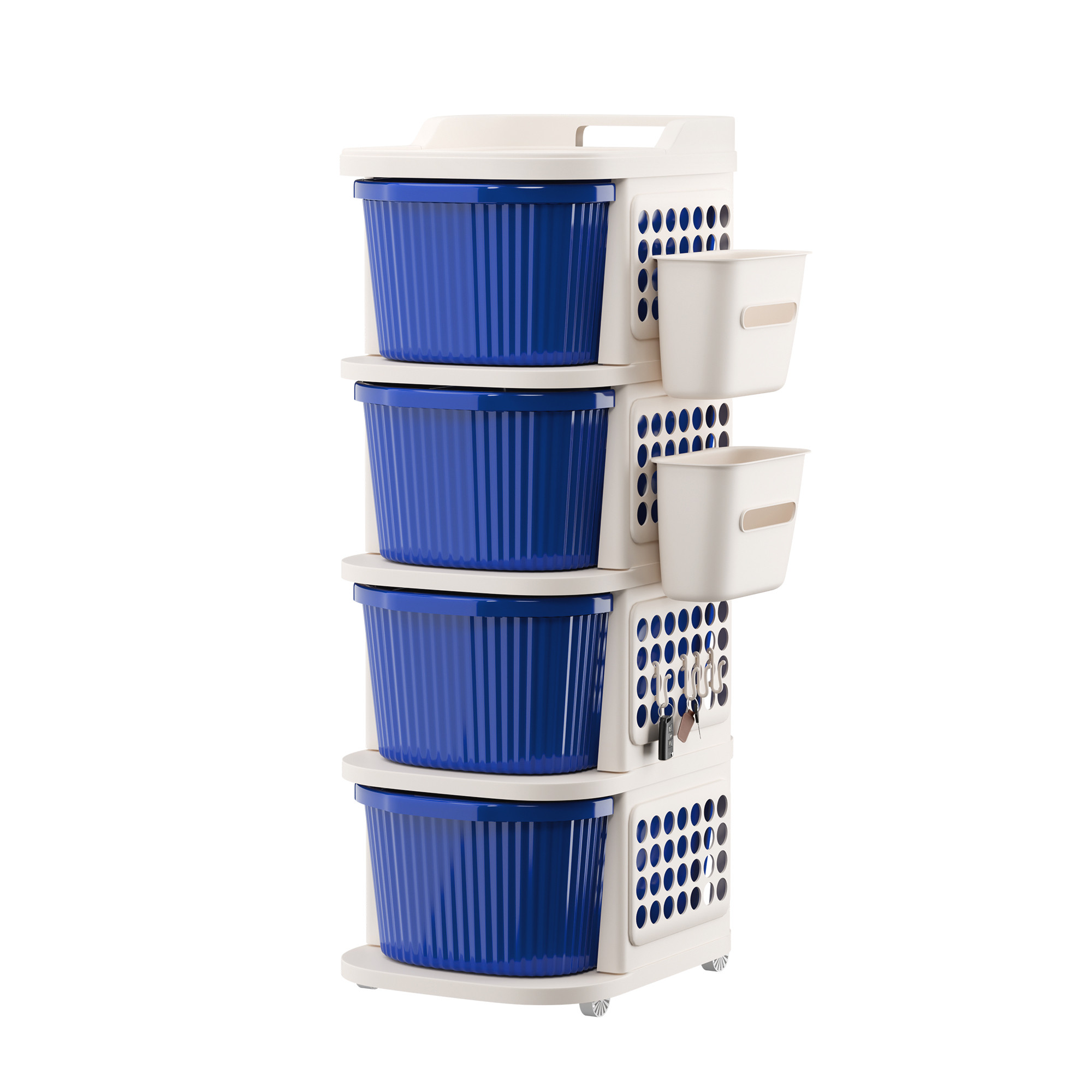 4 Tier Plastic Storage Drawer Cabinet with Side BasketHooksIntegrated Handle  Smooth Wheels  Modular System Rack for Storage in Home  Ivory  Blue