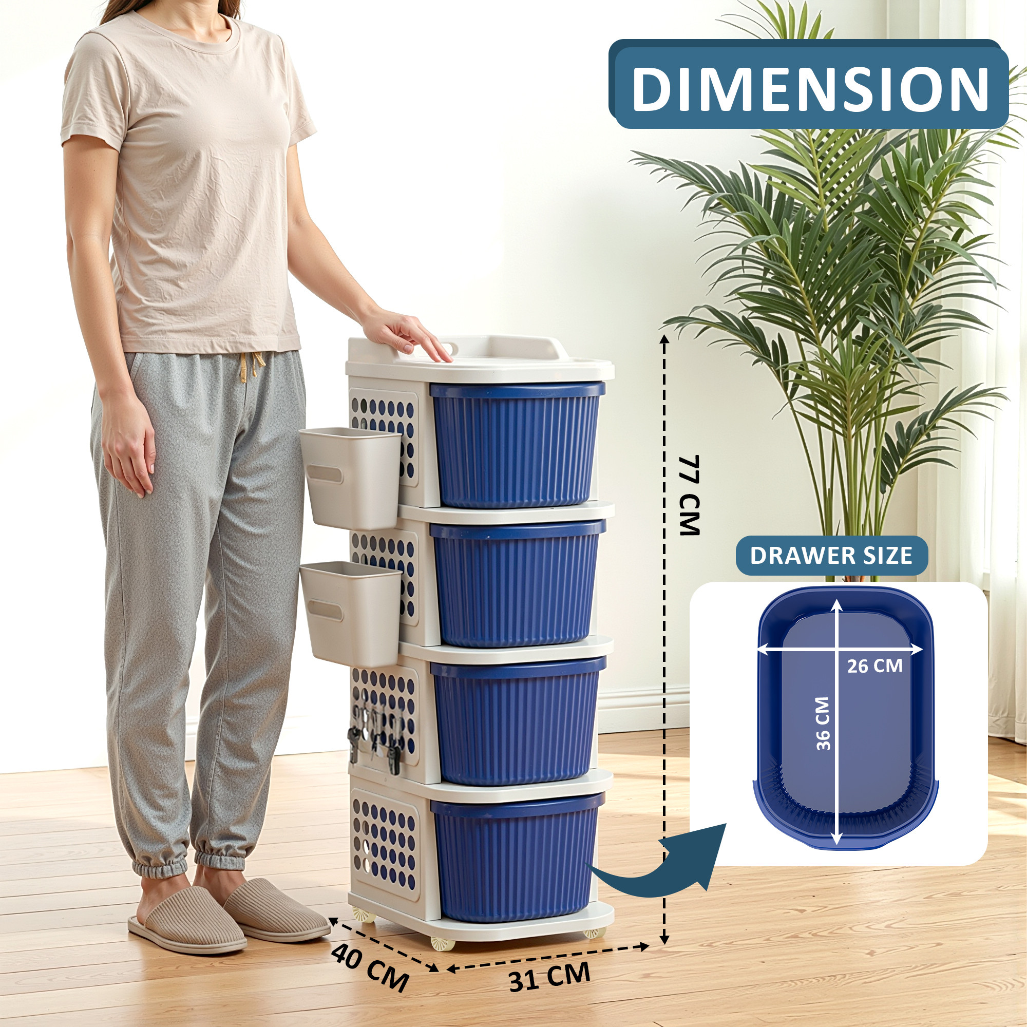 4 Tier Plastic Storage Drawer Cabinet with Side BasketHooksIntegrated Handle  Smooth Wheels  Modular System Rack for Storage in Home  Ivory  Blue