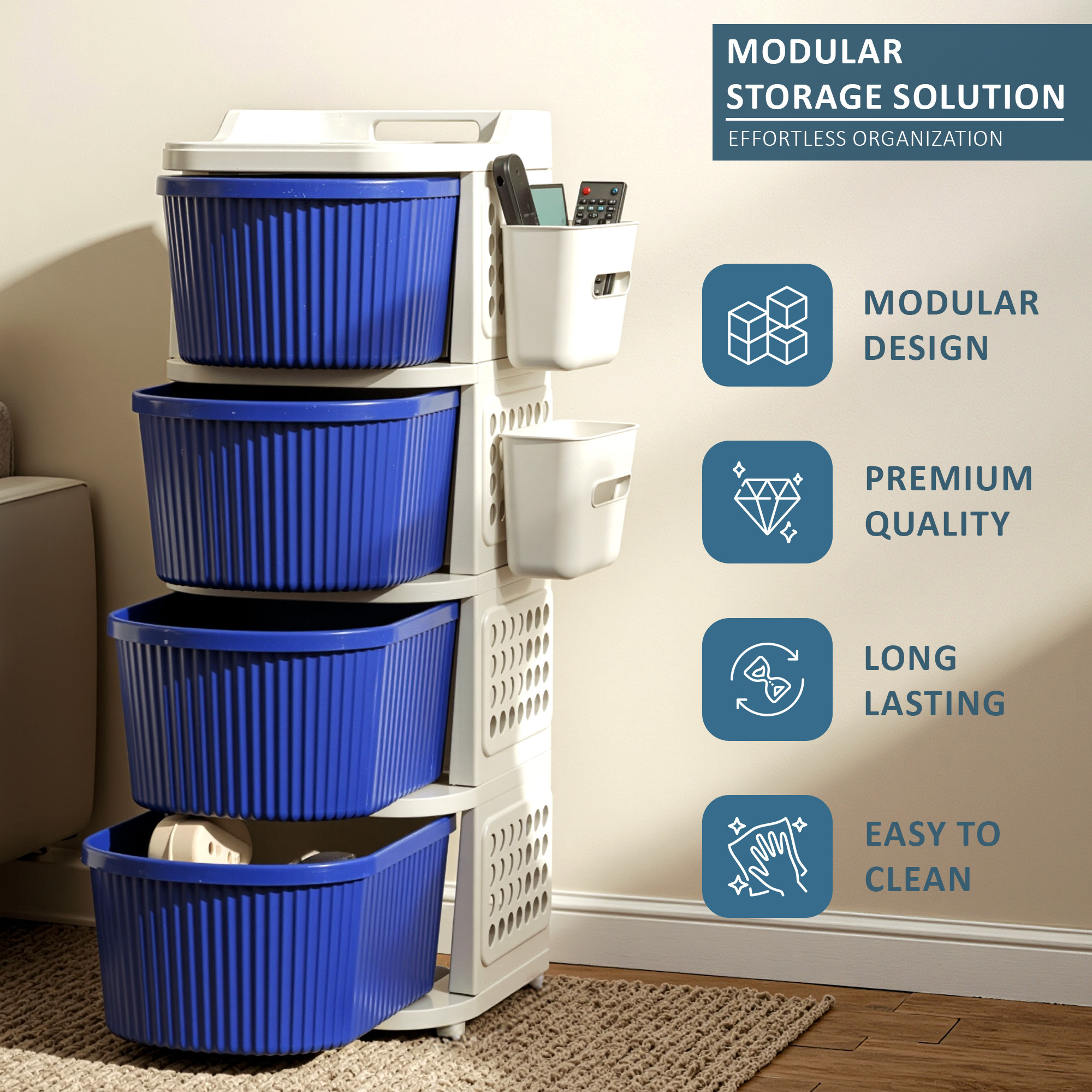 4 Tier Plastic Storage Drawer Cabinet with Side BasketHooksIntegrated Handle  Smooth Wheels  Modular System Rack for Storage in Home  Ivory  Blue