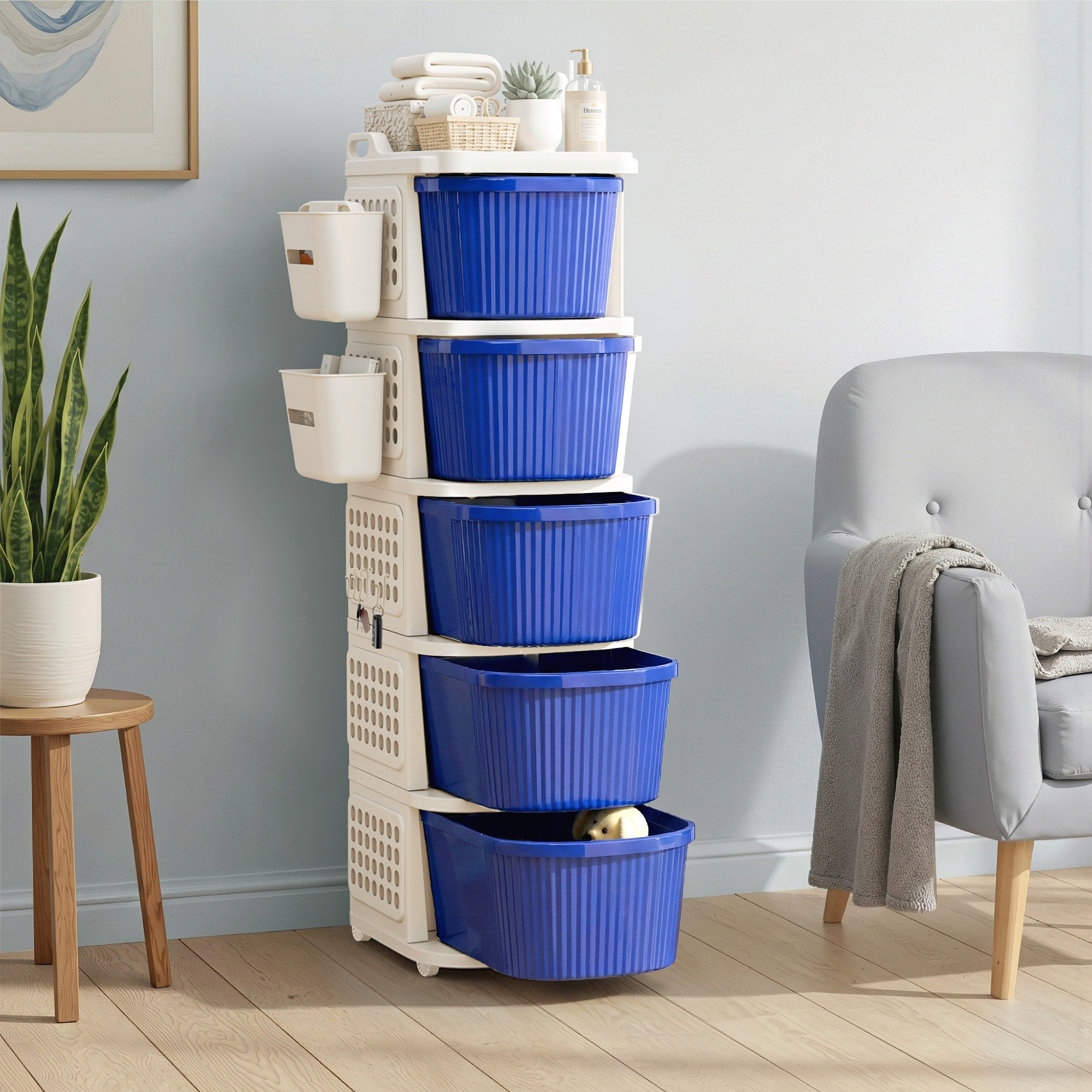 4 Tier Plastic Storage Drawer Cabinet with Side BasketHooksIntegrated Handle  Smooth Wheels  Modular System Rack for Storage in Home  Ivory  Blue