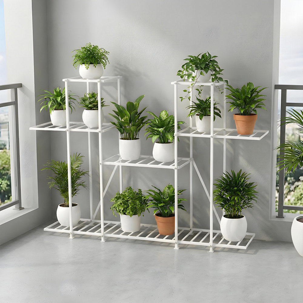 Image of 4 Tiered Metal Plant Stand for Indoor &amp; Outdoor | Large Metal Planter 6 Seperated Shelf for Living Room &amp; Home decor | White