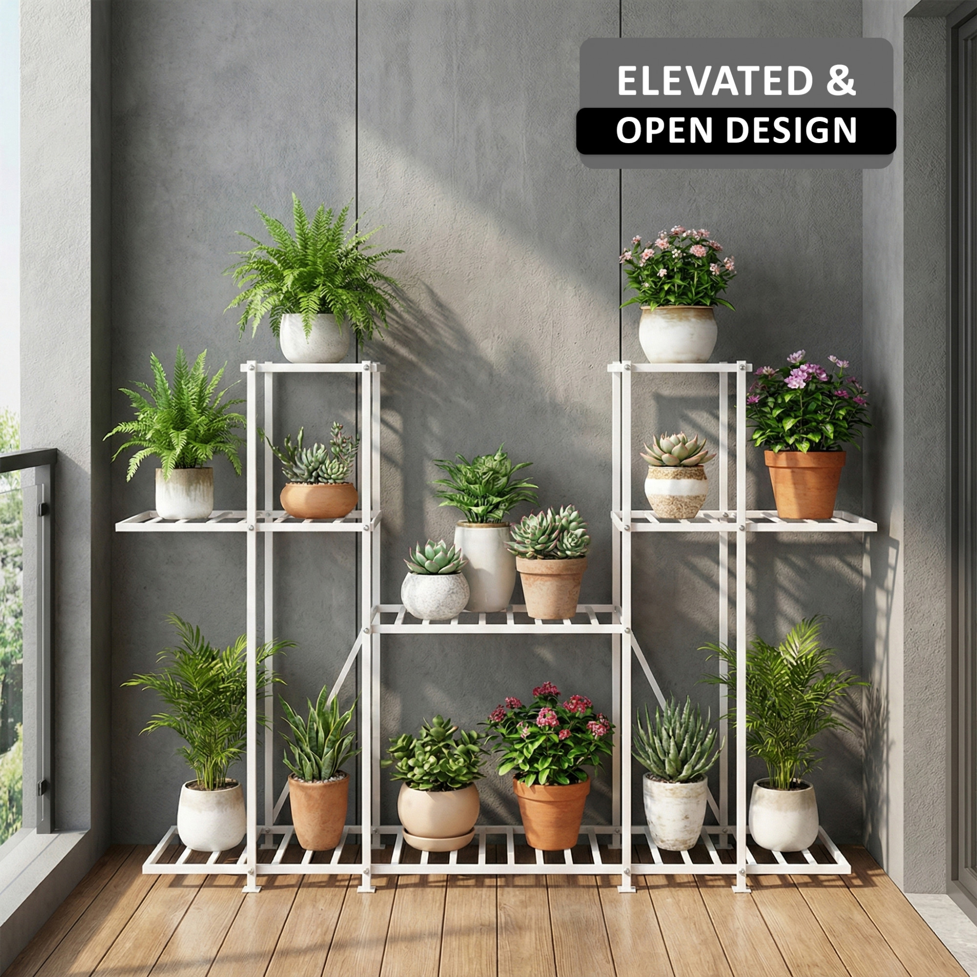 4 Tiered Metal Plant Stand for Indoor  Outdoor  Large Metal Planter 6 Seperated Shelf for Living Room  Home decor  White