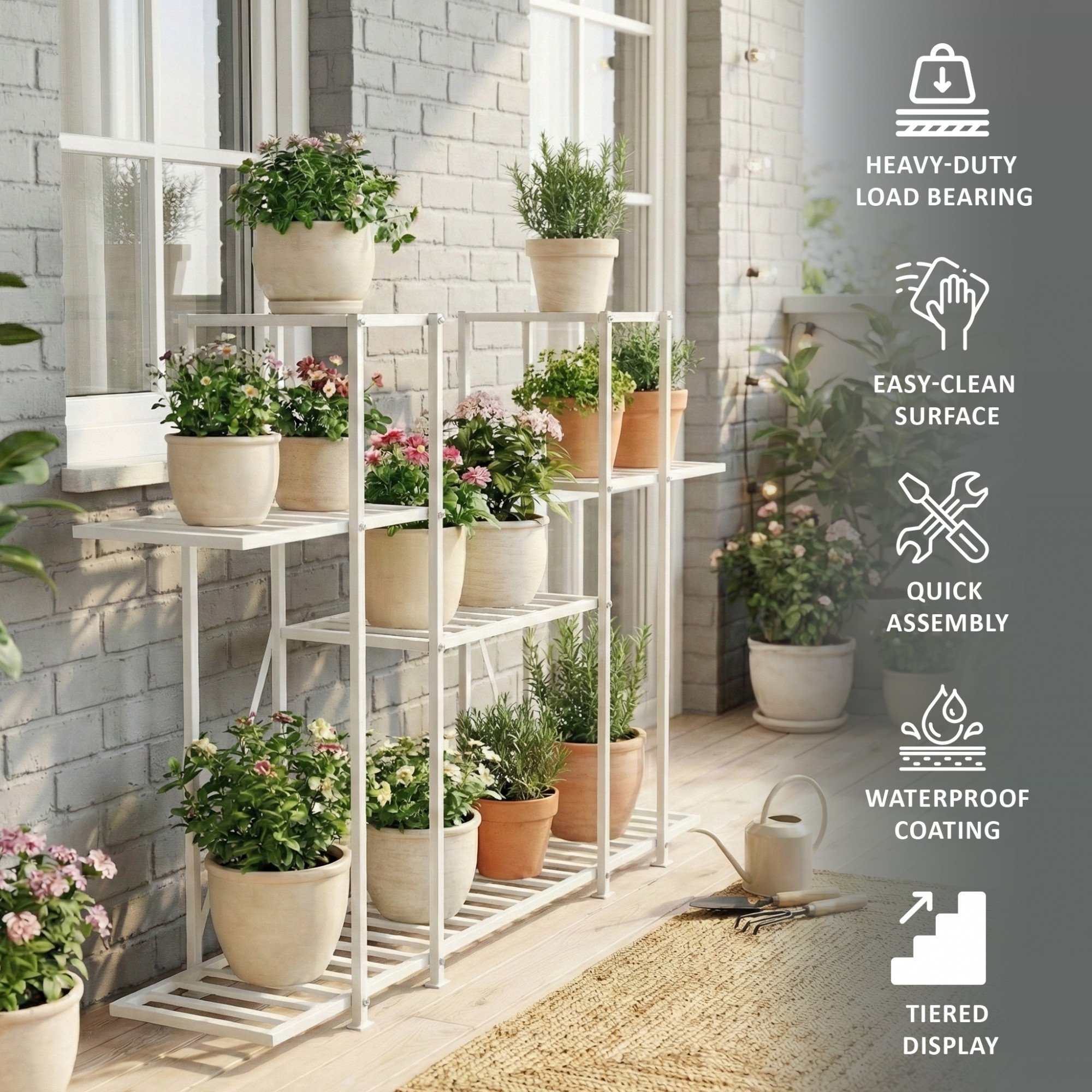 4 Tiered Metal Plant Stand for Indoor  Outdoor  Large Metal Planter 6 Seperated Shelf for Living Room  Home decor  White