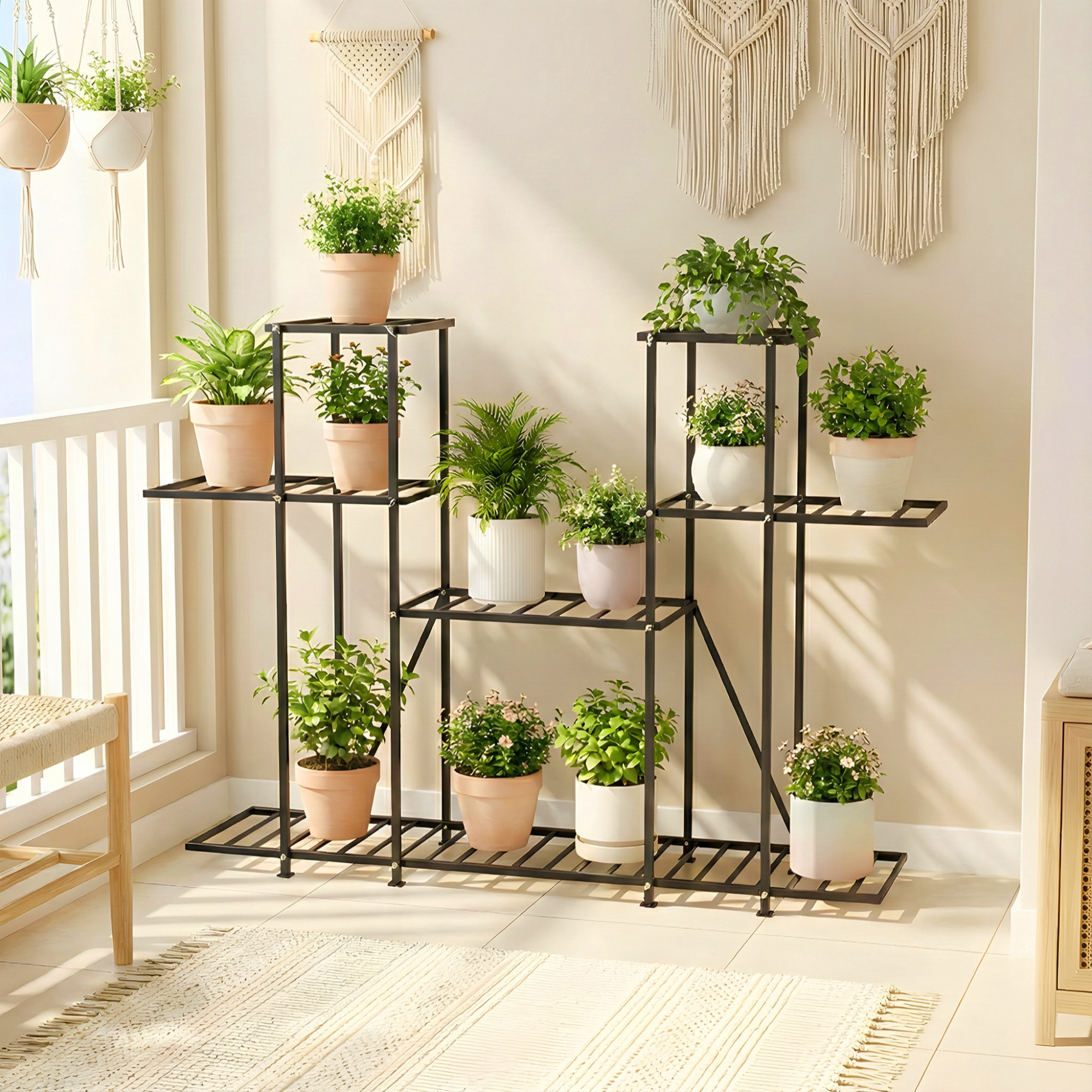 4 Tiered Metal Plant Stand for Indoor  Outdoor  Large Metal Planter 6 Seperated Shelf for Living Room  Home decor  Black