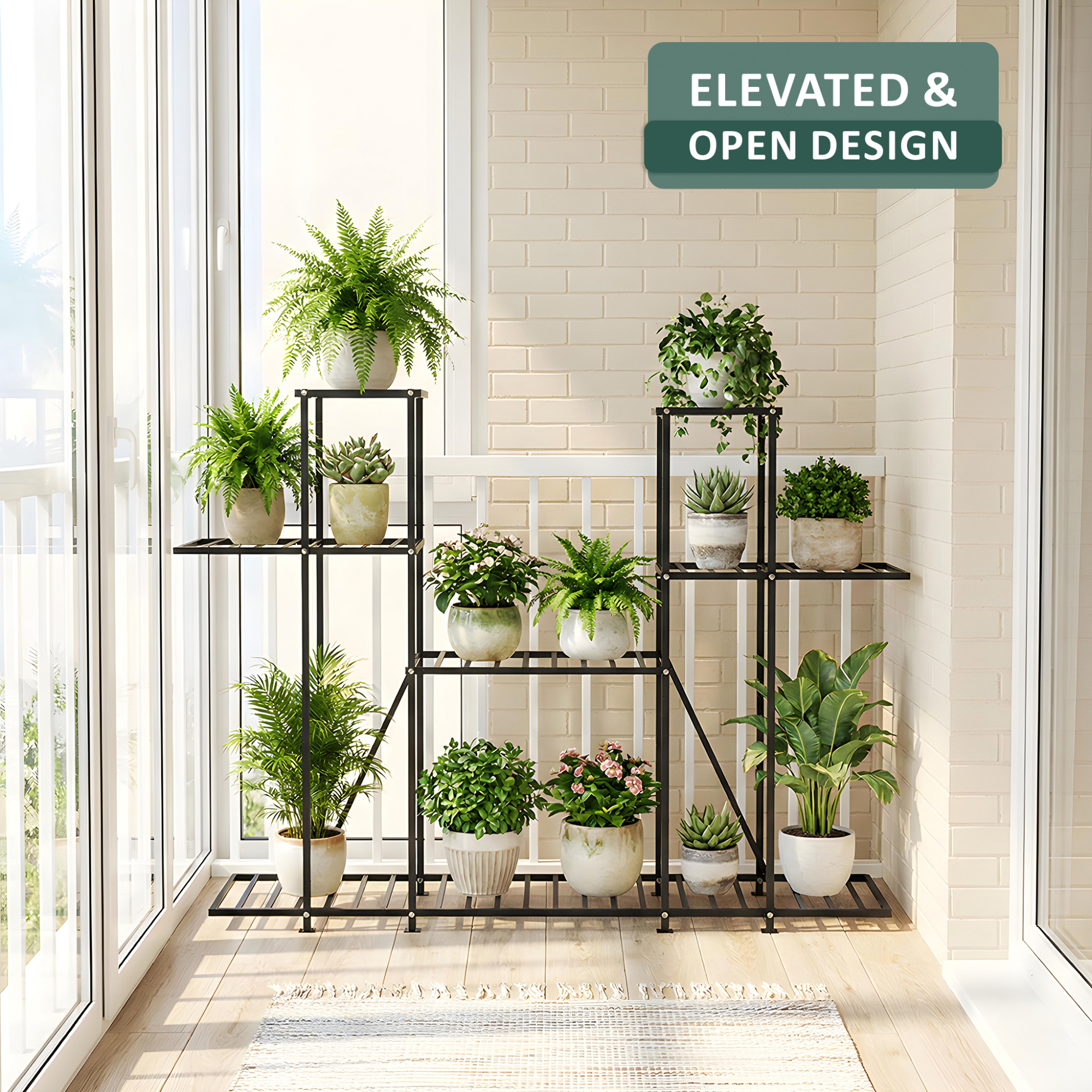 4 Tiered Metal Plant Stand for Indoor  Outdoor  Large Metal Planter 6 Seperated Shelf for Living Room  Home decor  Black