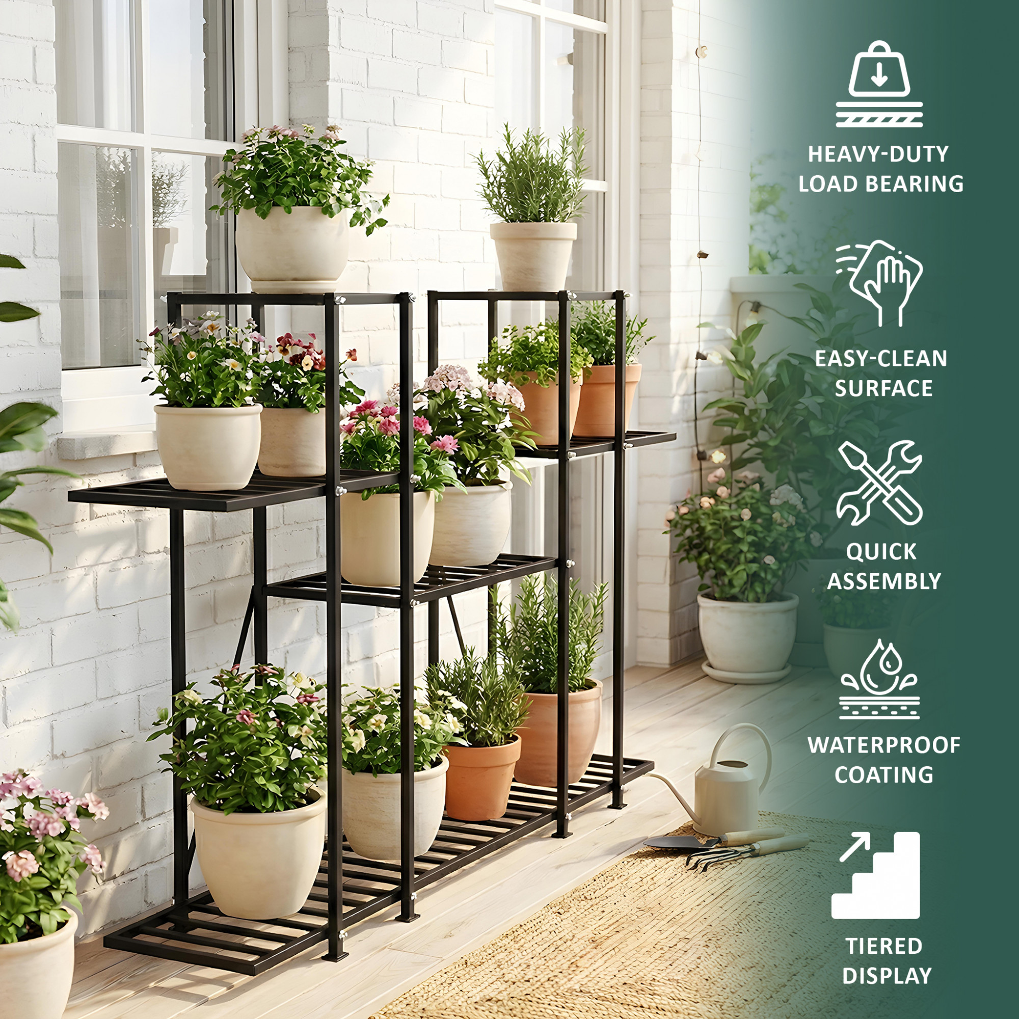 4 Tiered Metal Plant Stand for Indoor  Outdoor  Large Metal Planter 6 Seperated Shelf for Living Room  Home decor  Black