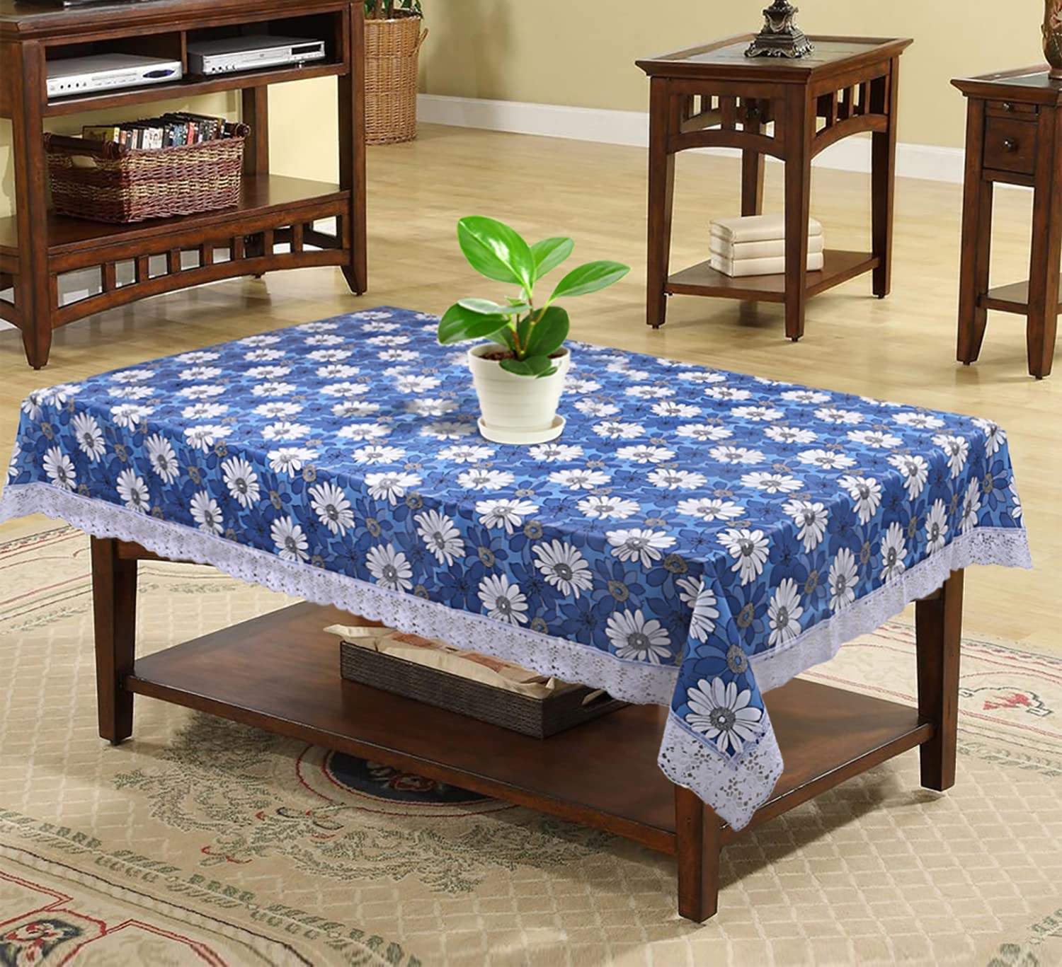 40x60 Flower Design PVC Waterproof Antislip  Wipe Clean Center Table Cover For 4 Seater Blue-HS43KUBMART25562