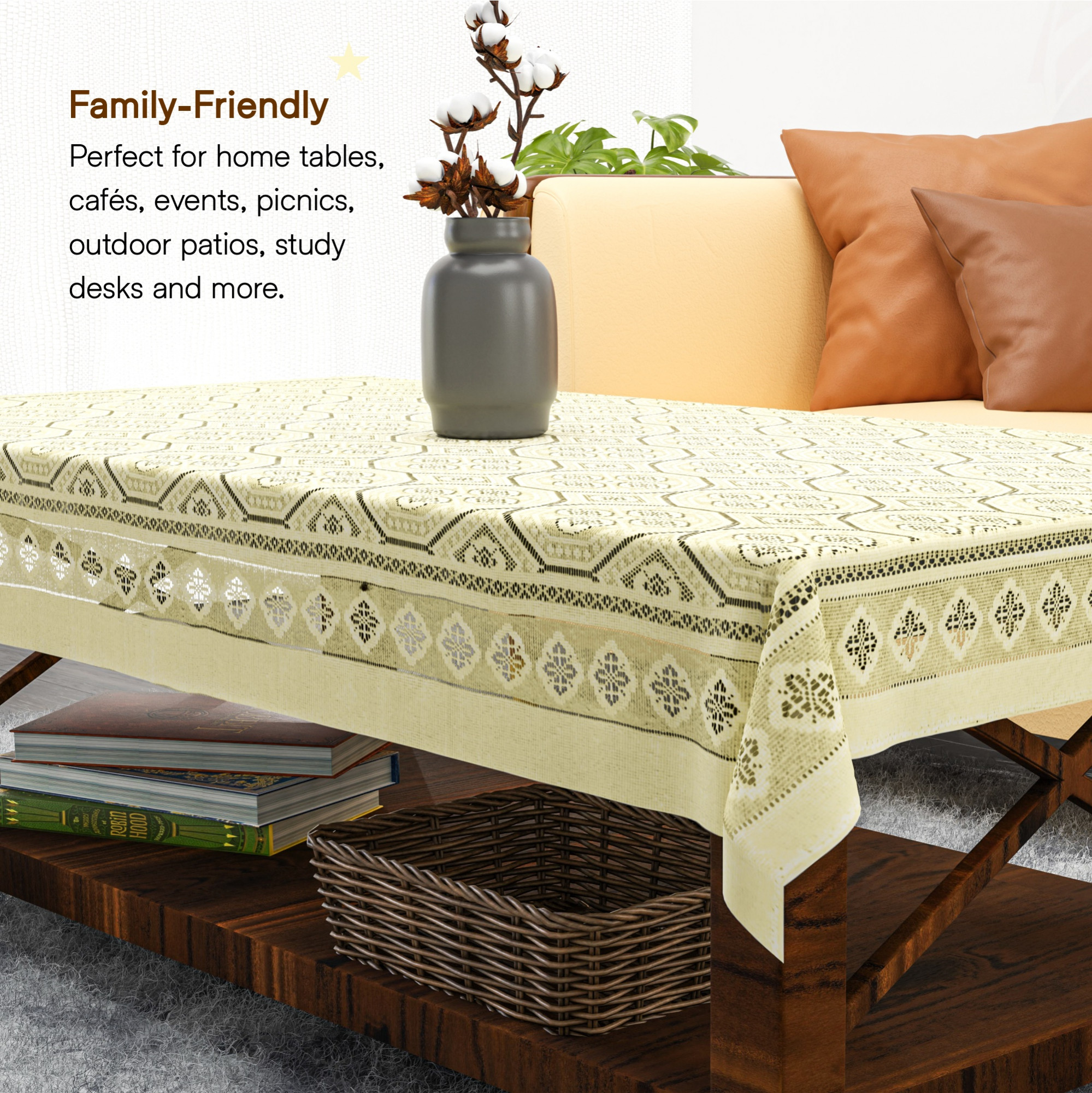 40x60 Inch Net Cotton Center Table Cover Cloth 4 Seater for Living Room Home and Office Decor  Rectangular Coffee Table Cover  Tablecloth for Teapoy  Galaxy 4 Way Design - Cream