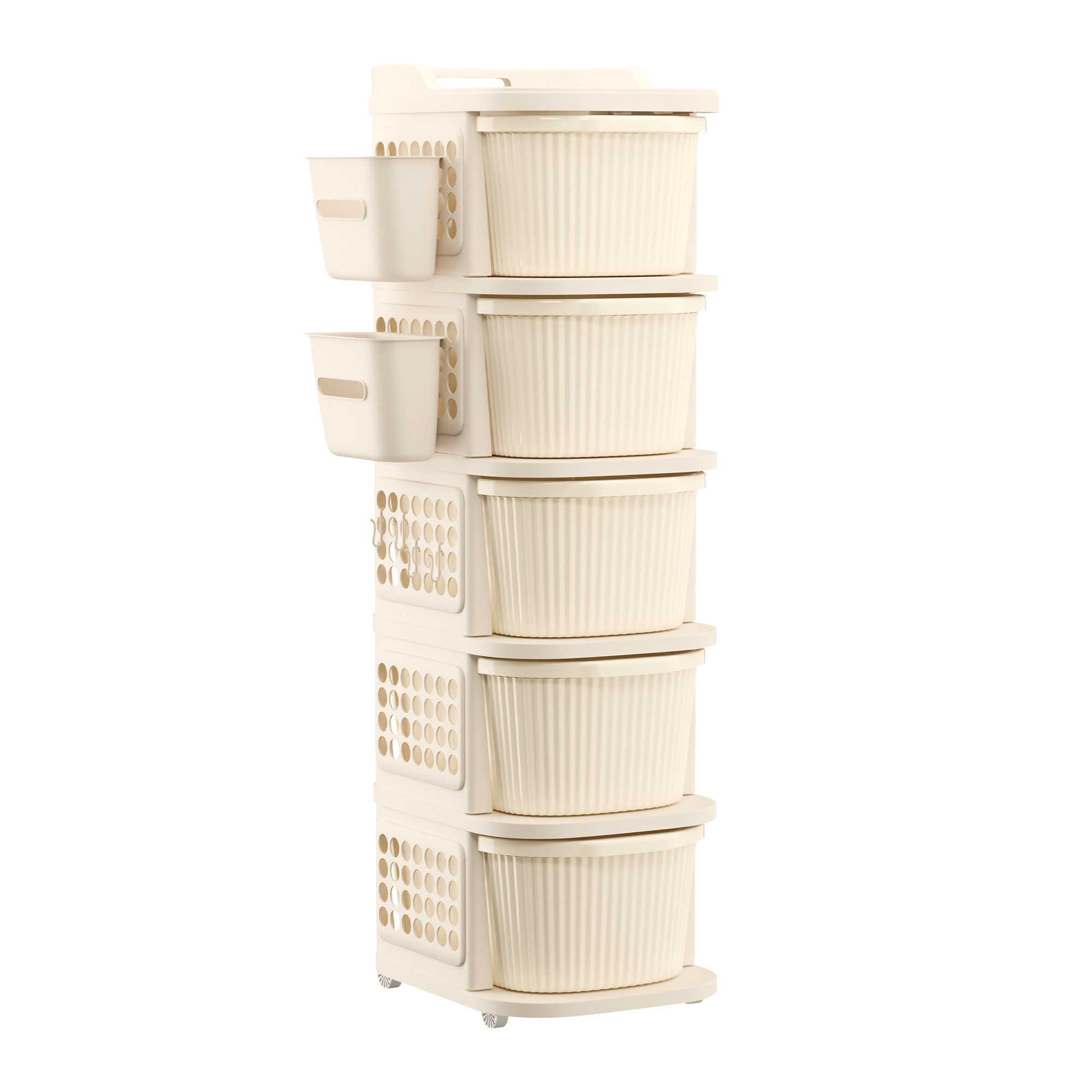 5 Tier Plastic Storage Drawer Cabinet with Side BasketHooksIntegrated Handle  Smooth Wheels  Modular System Rack for Storage in Home  Ivory