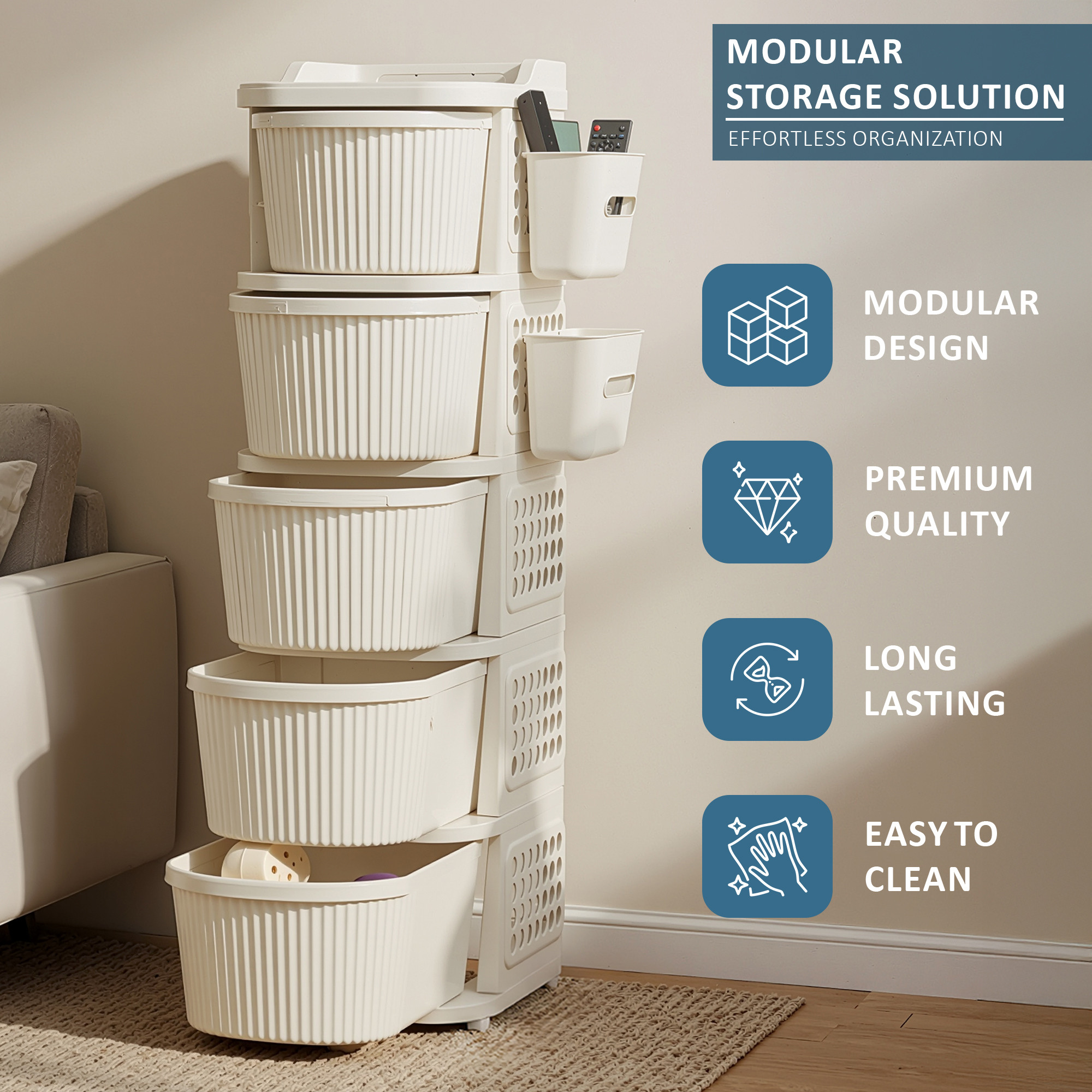 5 Tier Plastic Storage Drawer Cabinet with Side BasketHooksIntegrated Handle  Smooth Wheels  Modular System Rack for Storage in Home  Ivory