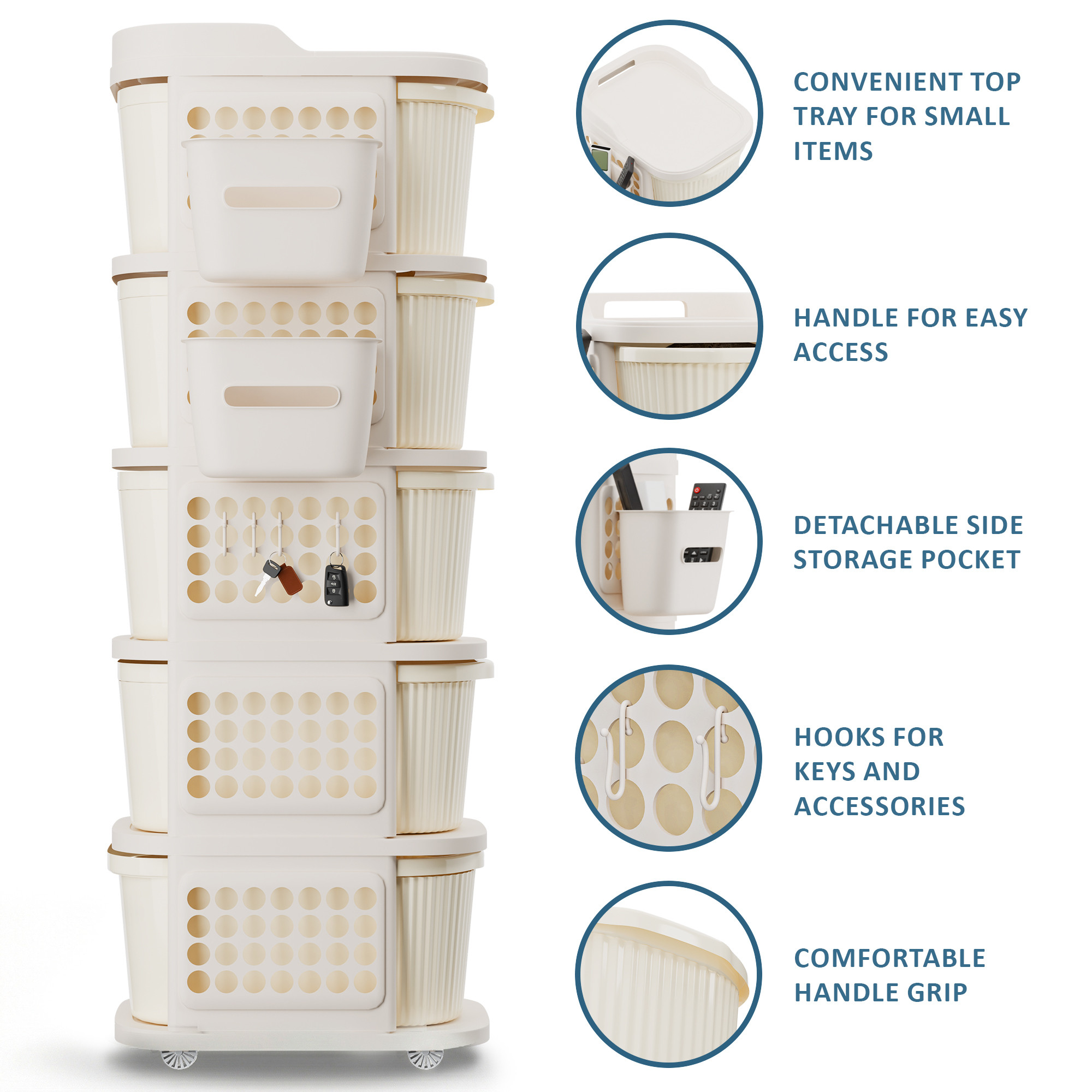 5 Tier Plastic Storage Drawer Cabinet with Side BasketHooksIntegrated Handle  Smooth Wheels  Modular System Rack for Storage in Home  Ivory