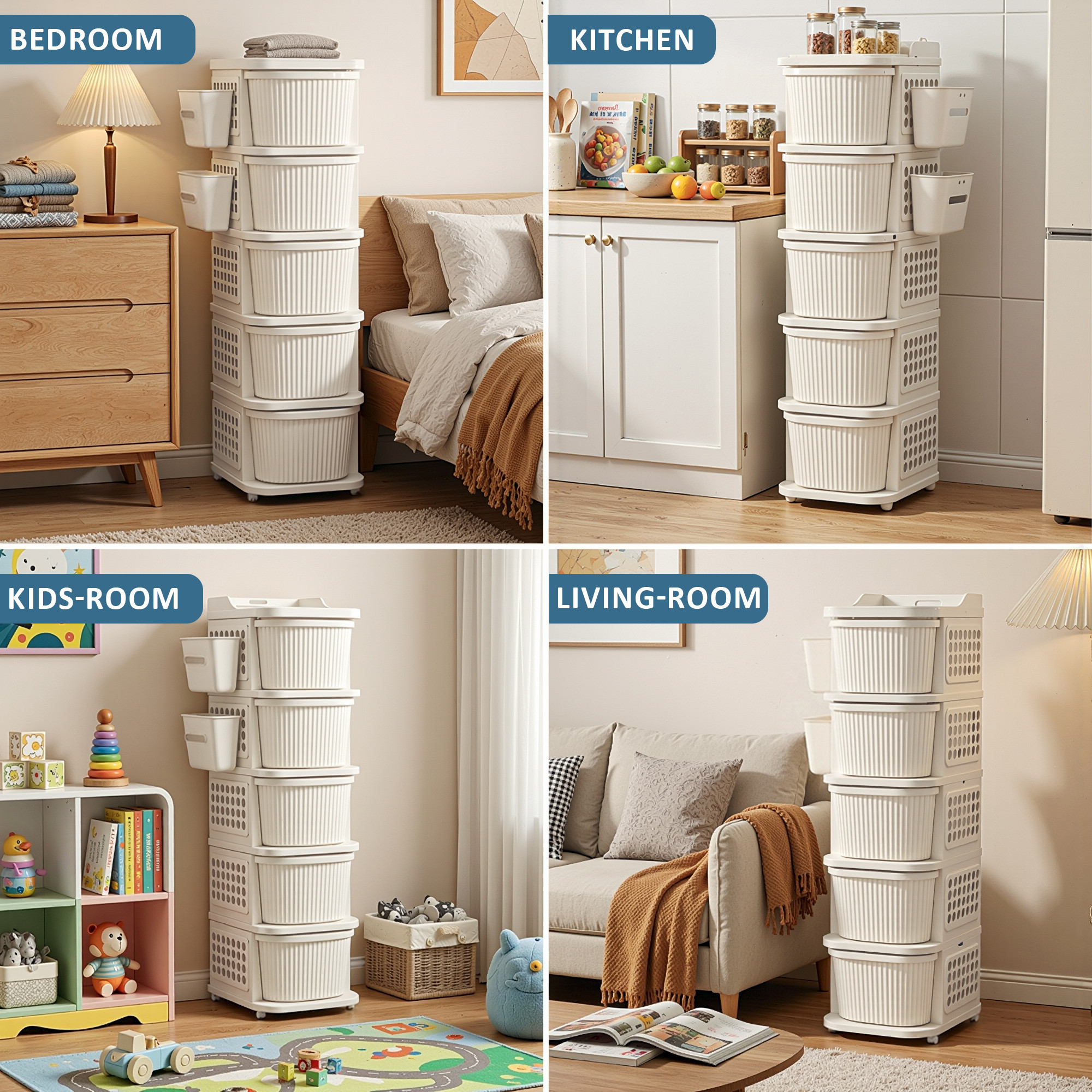 5 Tier Plastic Storage Drawer Cabinet with Side BasketHooksIntegrated Handle  Smooth Wheels  Modular System Rack for Storage in Home  Ivory