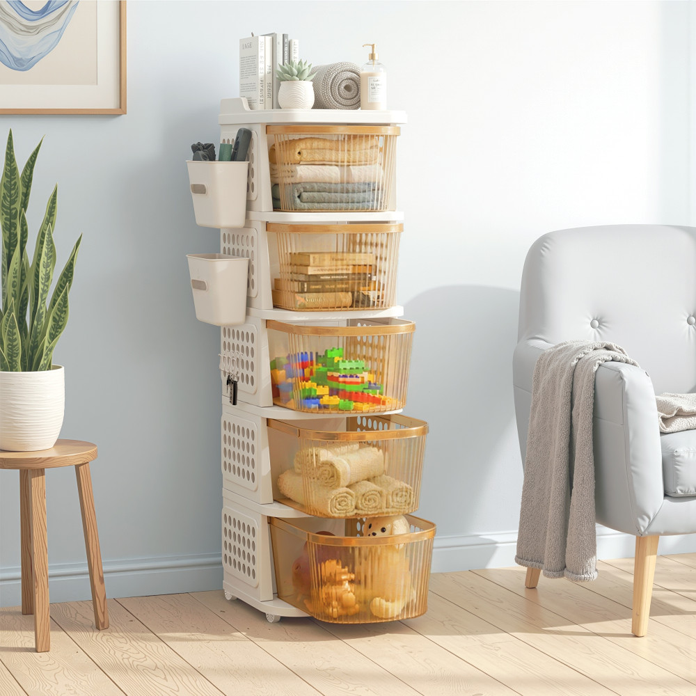 Image of 5 Tier Plastic Storage Drawer Cabinet with Side Basket/Hooks/Integrated Handle &amp; Smooth Wheels | Modular System Rack for Storage in Home | Ivory &amp; Golden