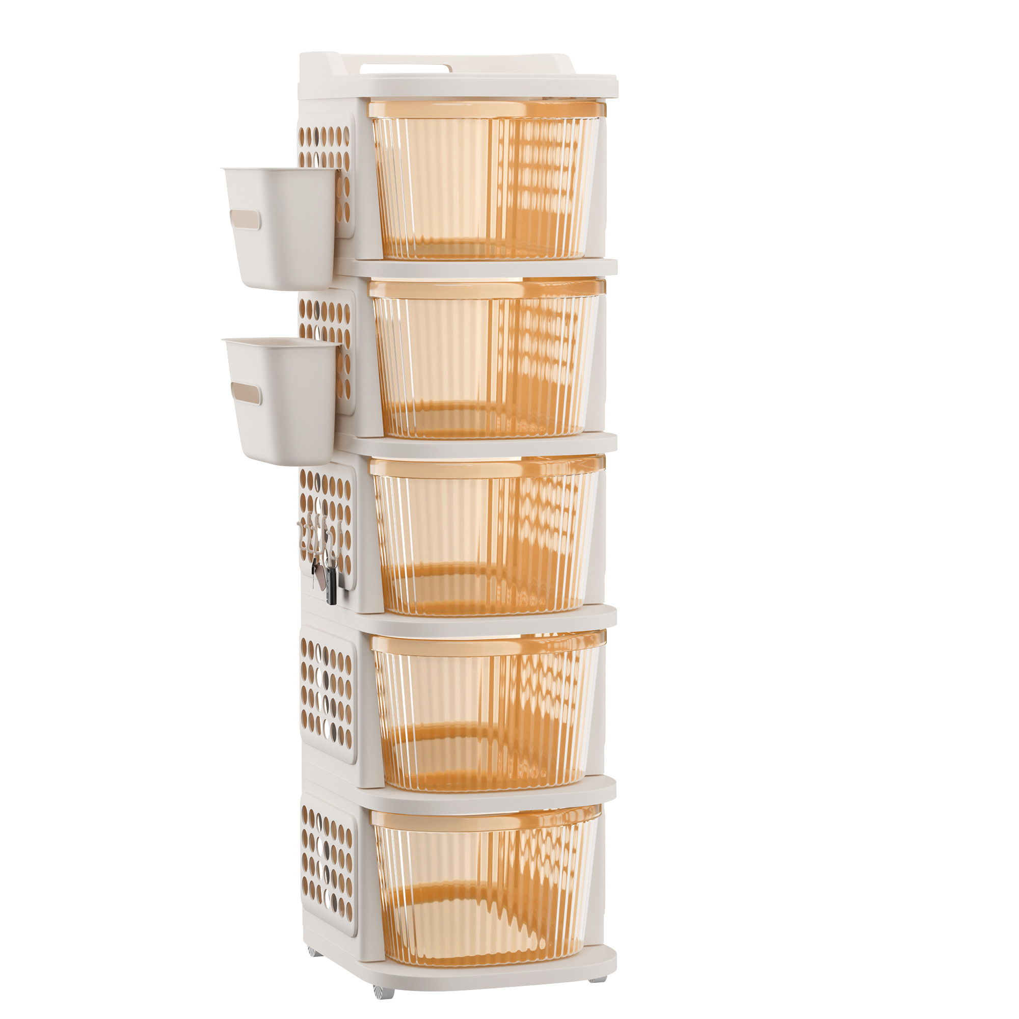 5 Tier Plastic Storage Drawer Cabinet with Side BasketHooksIntegrated Handle  Smooth Wheels  Modular System Rack for Storage in Home  Ivory  Golden