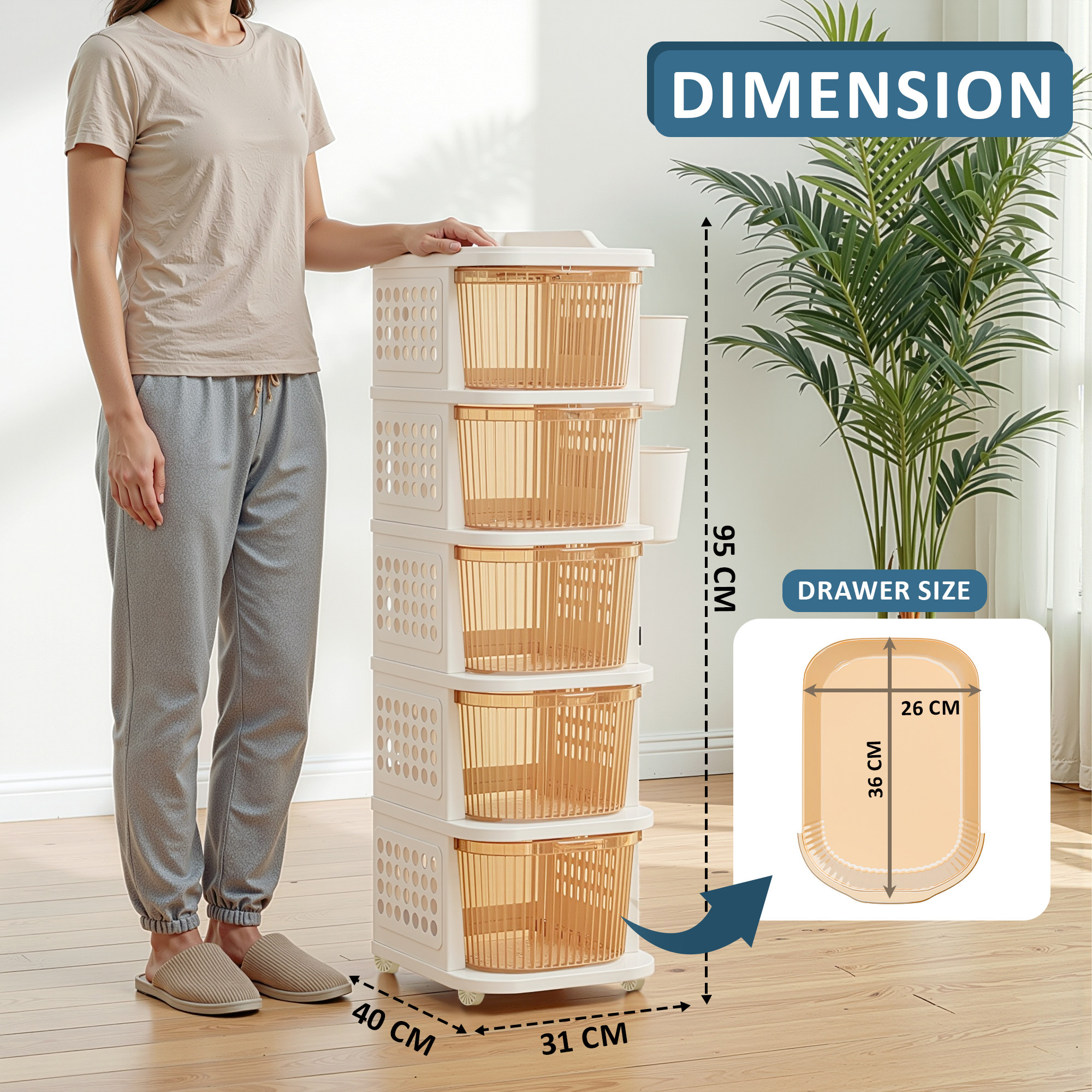 5 Tier Plastic Storage Drawer Cabinet with Side BasketHooksIntegrated Handle  Smooth Wheels  Modular System Rack for Storage in Home  Ivory  Golden