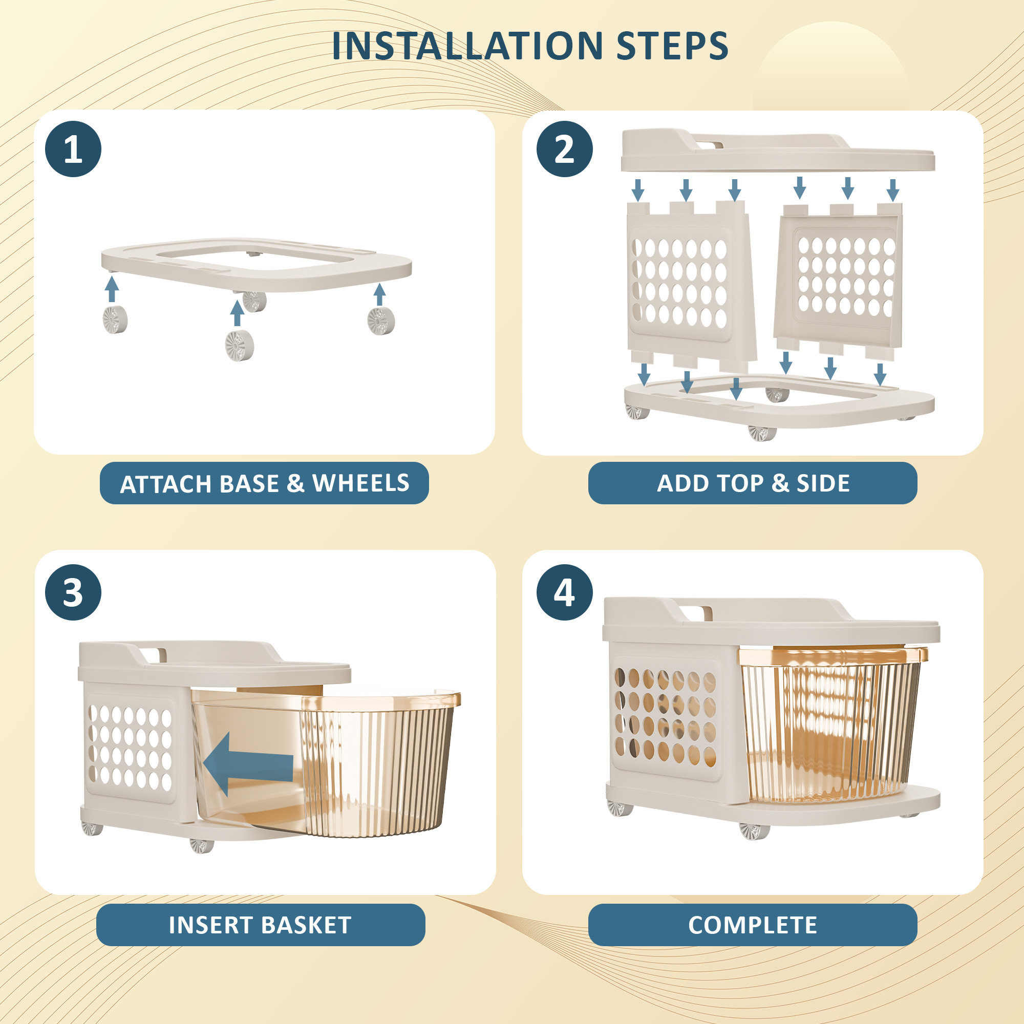 5 Tier Plastic Storage Drawer Cabinet with Side BasketHooksIntegrated Handle  Smooth Wheels  Modular System Rack for Storage in Home  Ivory  Golden