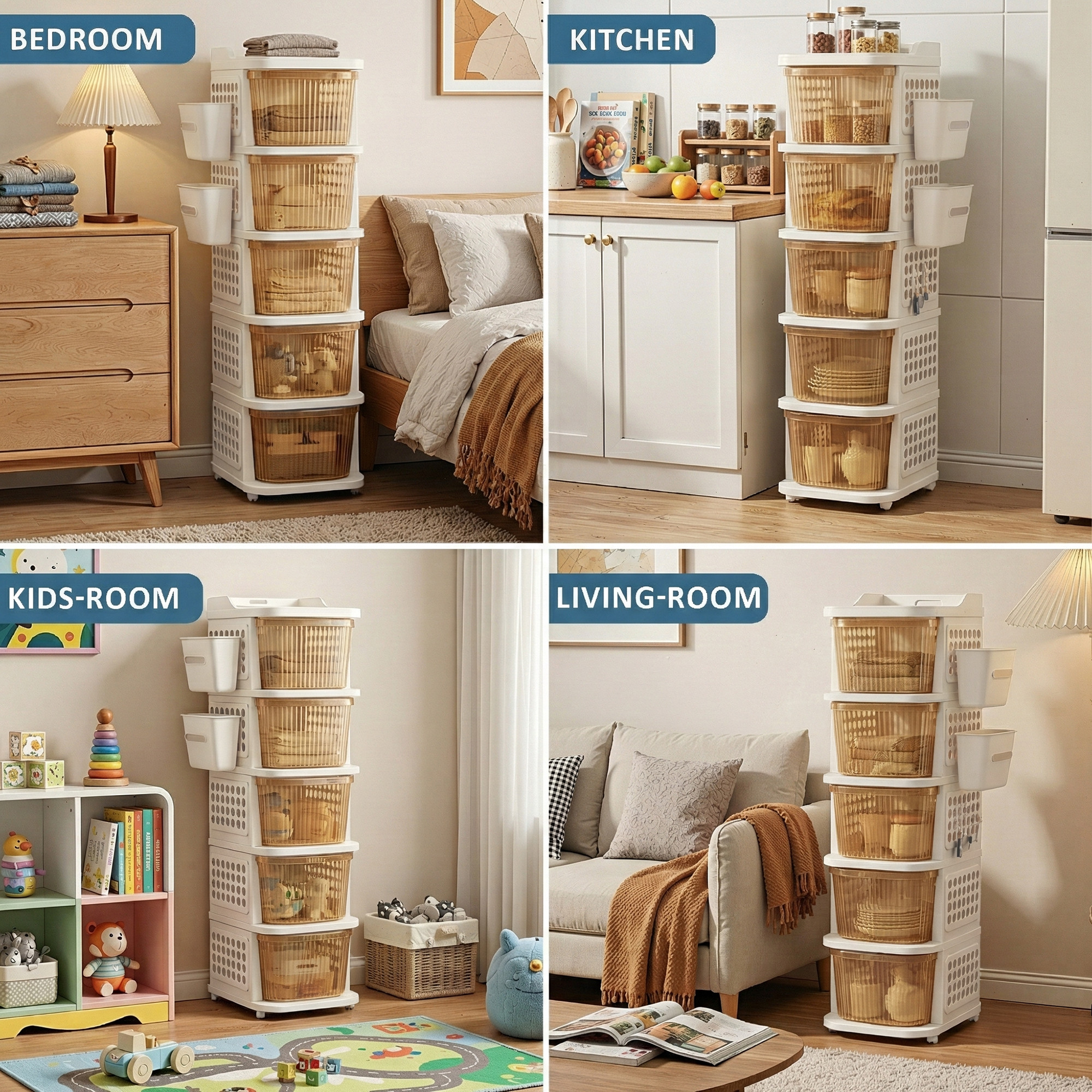 5 Tier Plastic Storage Drawer Cabinet with Side BasketHooksIntegrated Handle  Smooth Wheels  Modular System Rack for Storage in Home  Ivory  Golden