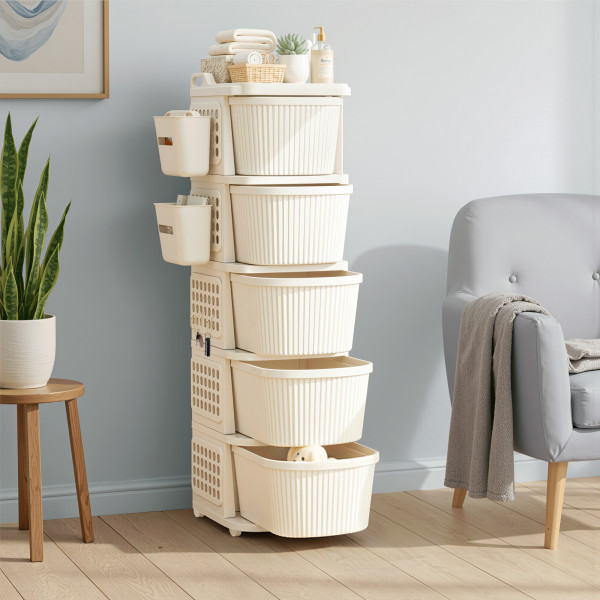 4 Tier Plastic Storage Drawer Cabinet with Side BasketHooksIntegrated Handle  Smooth Wheels  Modular System Rack for Storage in Home  Ivory