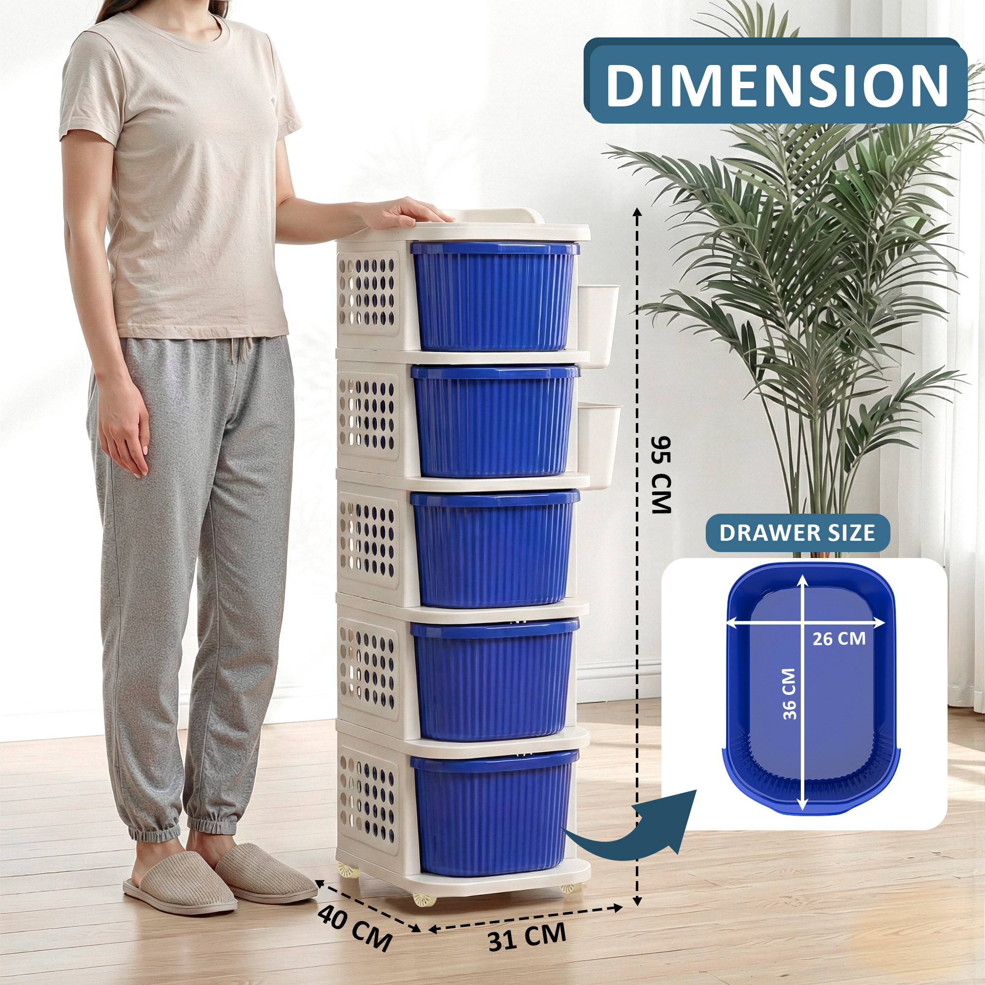 5 Tier Plastic Storage Drawer Cabinet with Side BasketHooksIntegrated Handle  Smooth Wheels  Modular System Rack for Storage in Home  Ivory  Blue