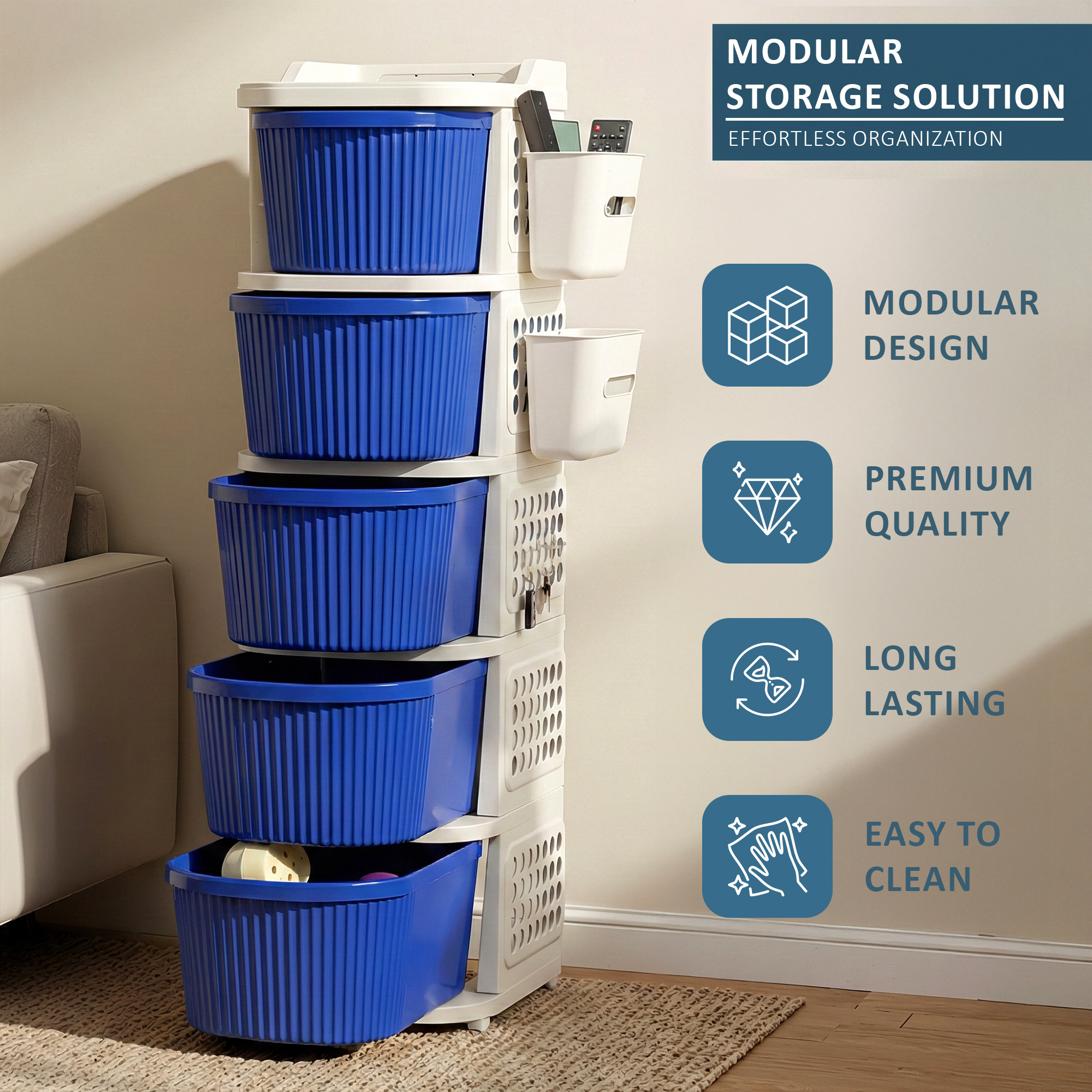 5 Tier Plastic Storage Drawer Cabinet with Side BasketHooksIntegrated Handle  Smooth Wheels  Modular System Rack for Storage in Home  Ivory  Blue