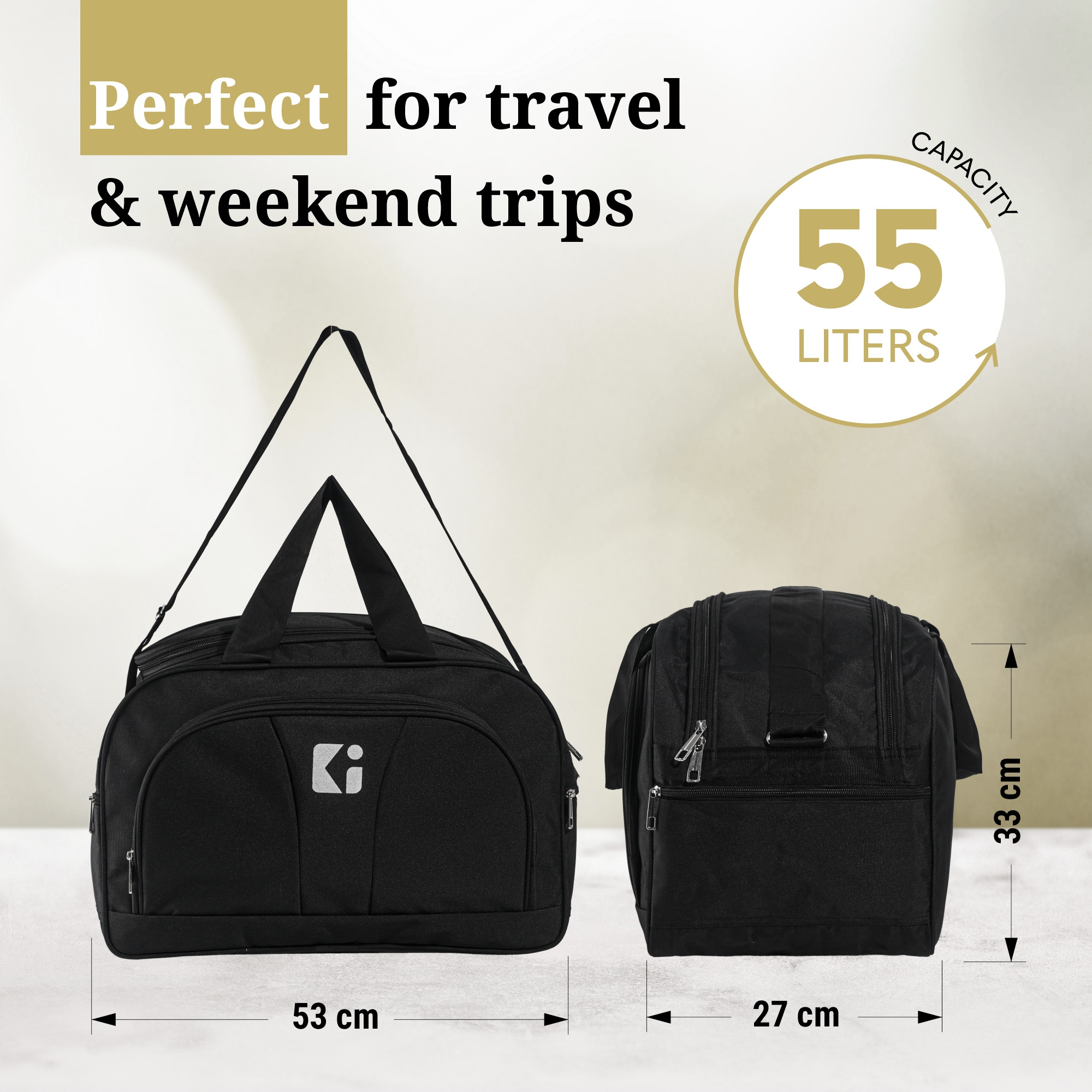 55 LTR Rexine Duffle Bag with 3 Soft-sided Cabin  Adjustable Shoulder Strap  Spacious Compartment for Travel Luggage Bag  Black