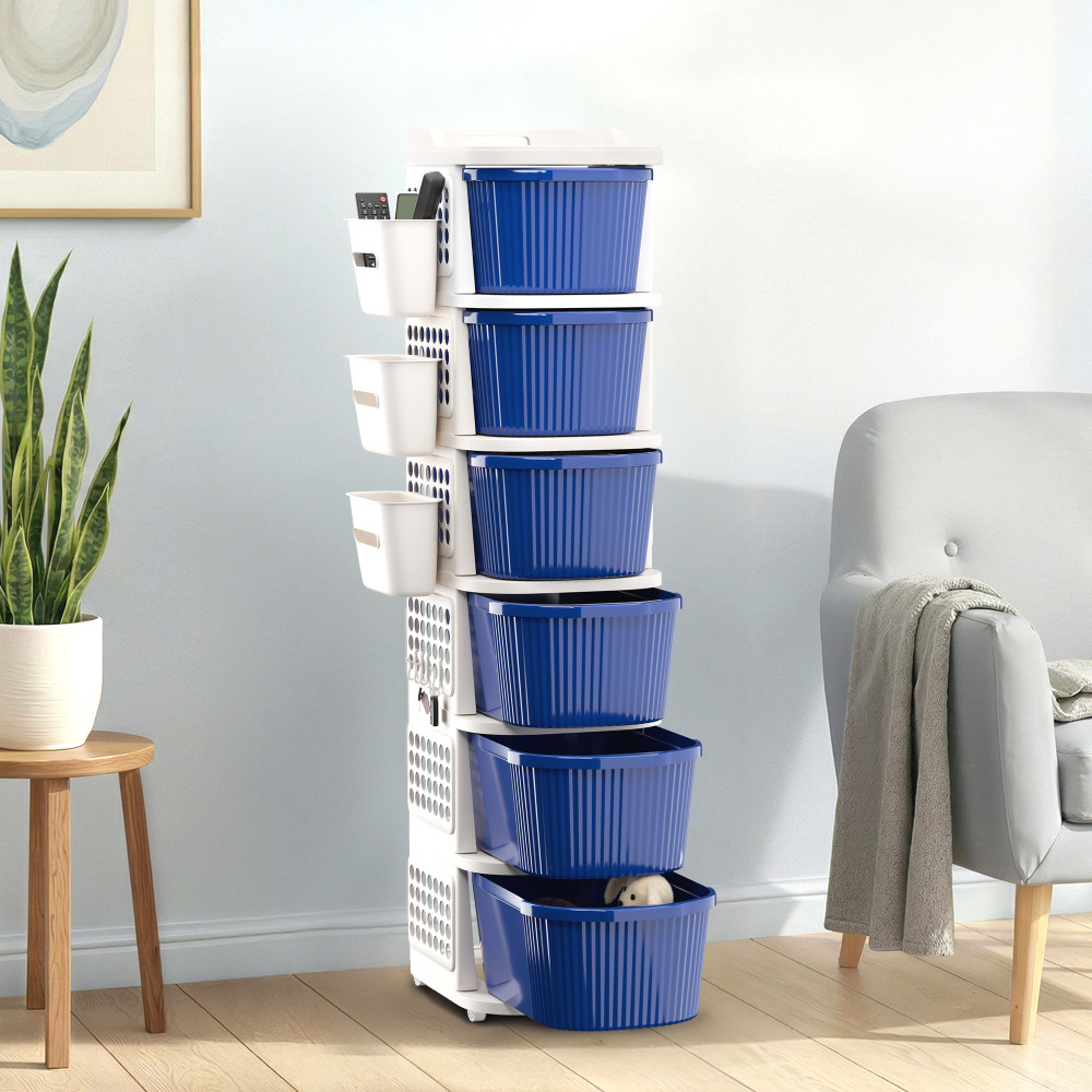 Image of Plastic Storage Drawer Cabinet with Side Basket/Hooks/Integrated Handle &amp; Wheels | Modular System for Storage in Home | Ivory &amp; Blue