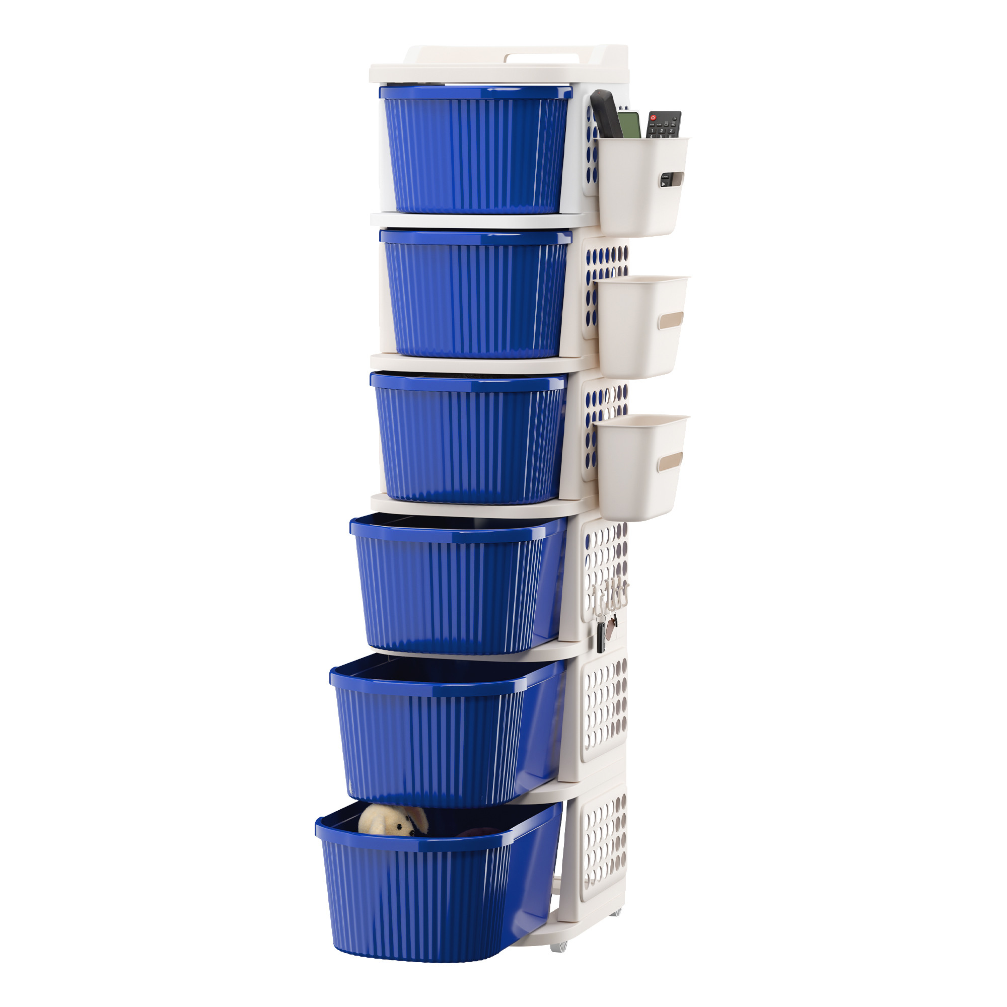 6 Tier Plastic Storage Drawer Cabinet with Side BasketHooksIntegrated Handle  Wheels  Modular System for Storage in Home  Ivory  Blue