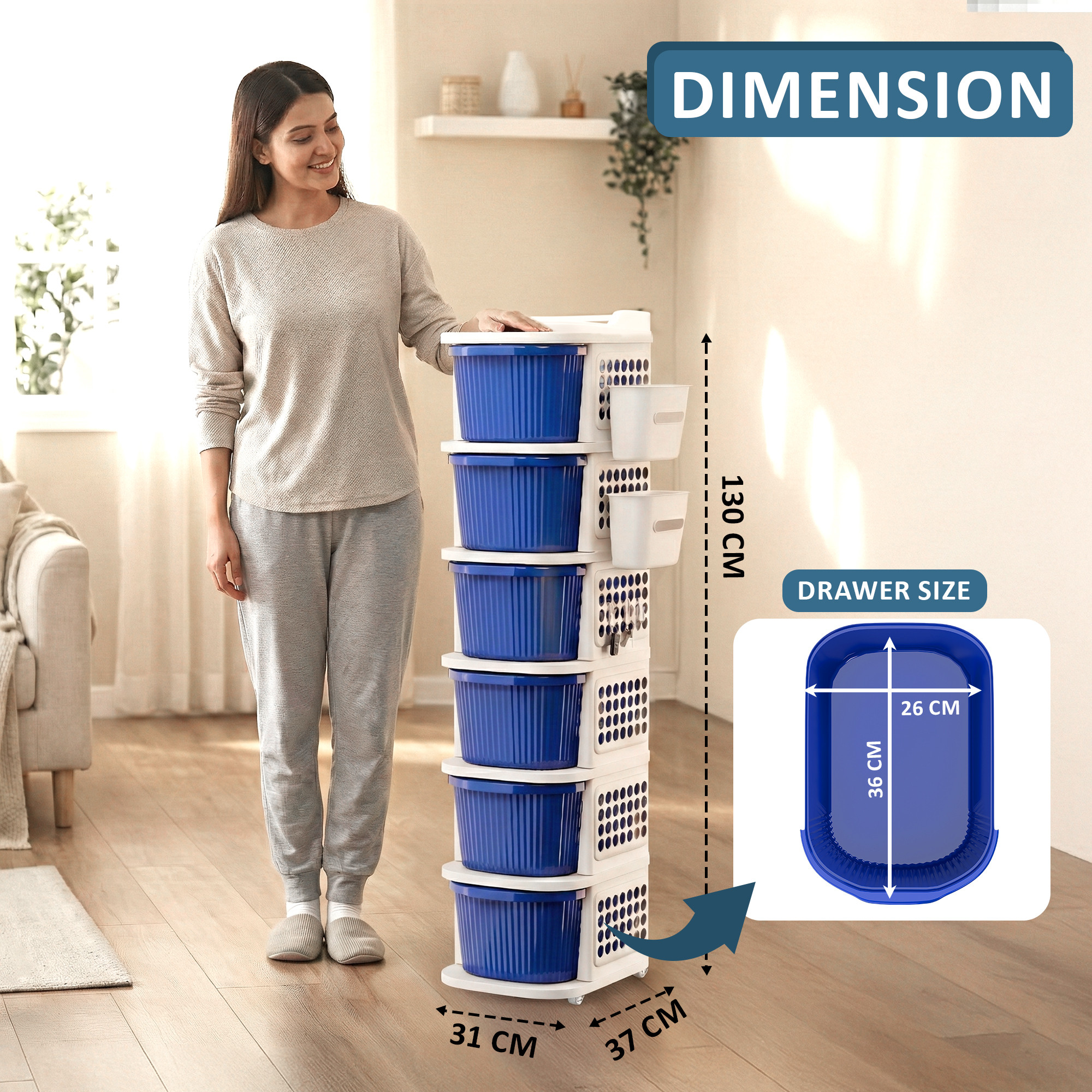 6 Tier Plastic Storage Drawer Cabinet with Side BasketHooksIntegrated Handle  Wheels  Modular System for Storage in Home  Ivory  Blue