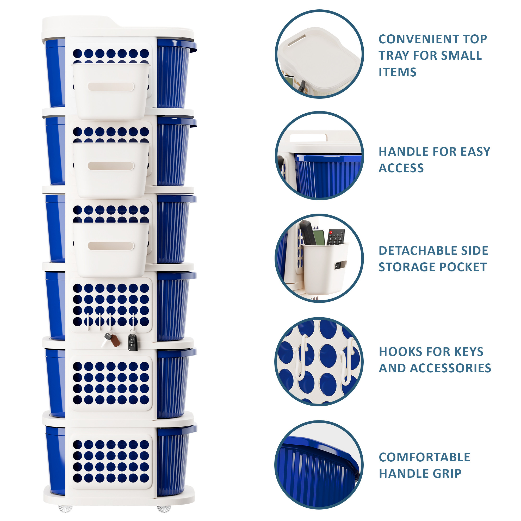 6 Tier Plastic Storage Drawer Cabinet with Side BasketHooksIntegrated Handle  Wheels  Modular System for Storage in Home  Ivory  Blue