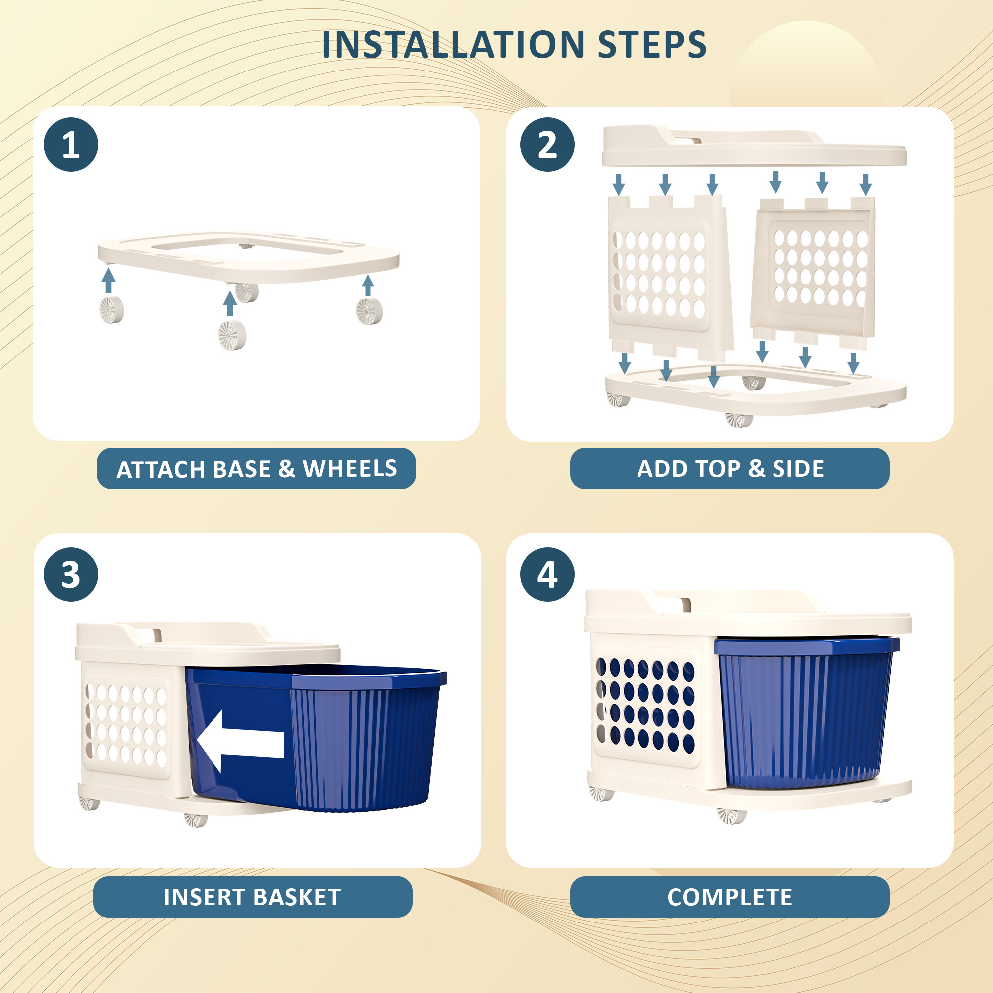 6 Tier Plastic Storage Drawer Cabinet with Side BasketHooksIntegrated Handle  Wheels  Modular System for Storage in Home  Ivory  Blue