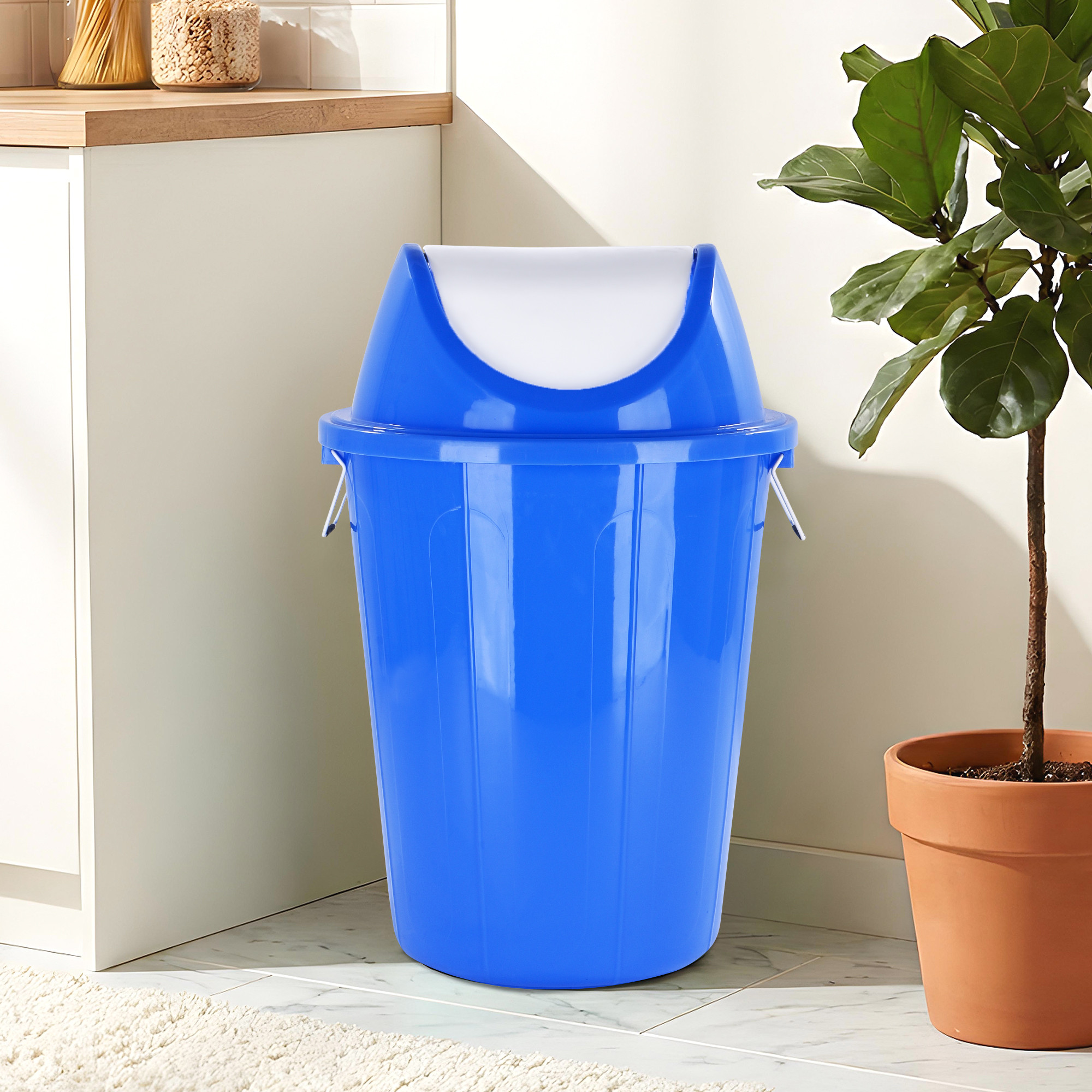 61 LTR Plastic Swinging Lid Dustbin for Home  Multipurpose Large Garbage Waste Bin with Handle for Indoor  Outdoor  White  Blue