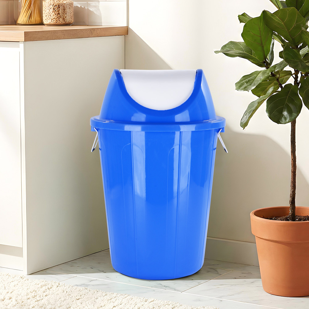 Image of 61 LTR Plastic Swinging Lid Dustbin for Home | Multipurpose Large Garbage Waste Bin with Handle for Indoor &amp; Outdoor | White &amp; Blue