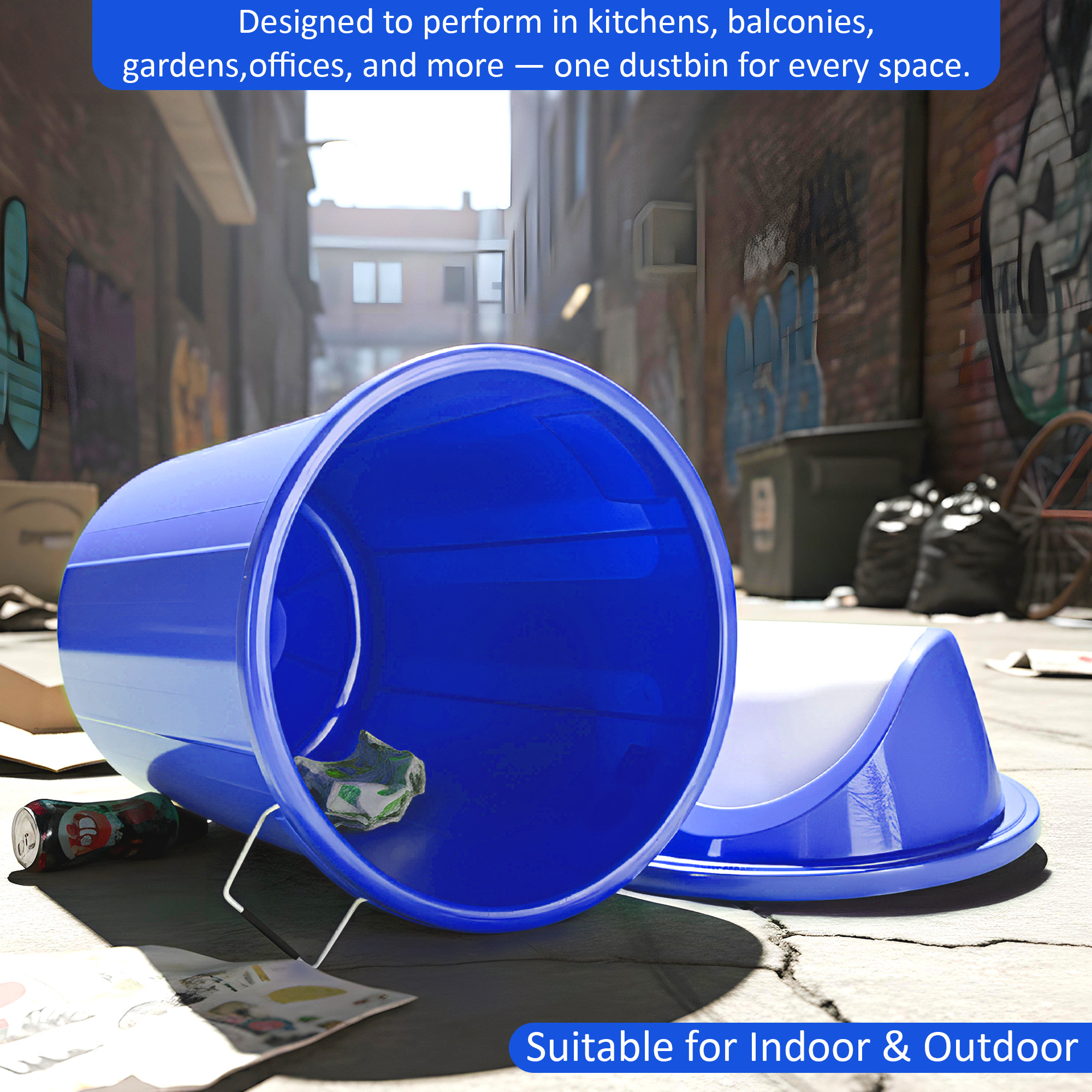 61 LTR Plastic Swinging Lid Dustbin for Home  Multipurpose Large Garbage Waste Bin with Handle for Indoor  Outdoor  White  Blue