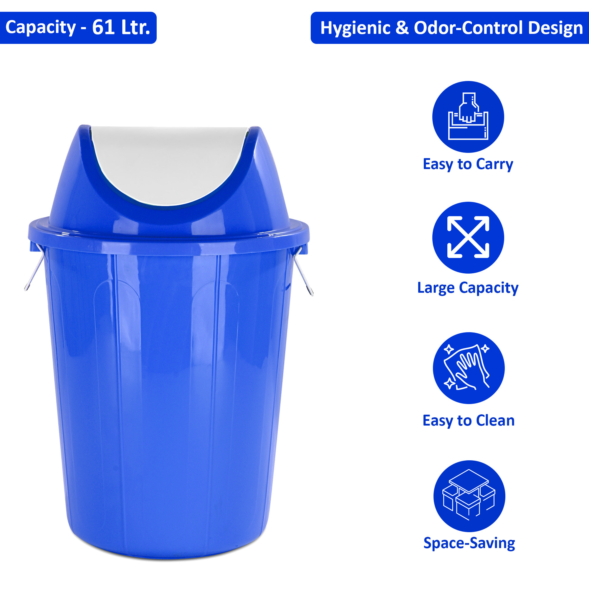 61 LTR Plastic Swinging Lid Dustbin for Home  Multipurpose Large Garbage Waste Bin with Handle for Indoor  Outdoor  White  Blue