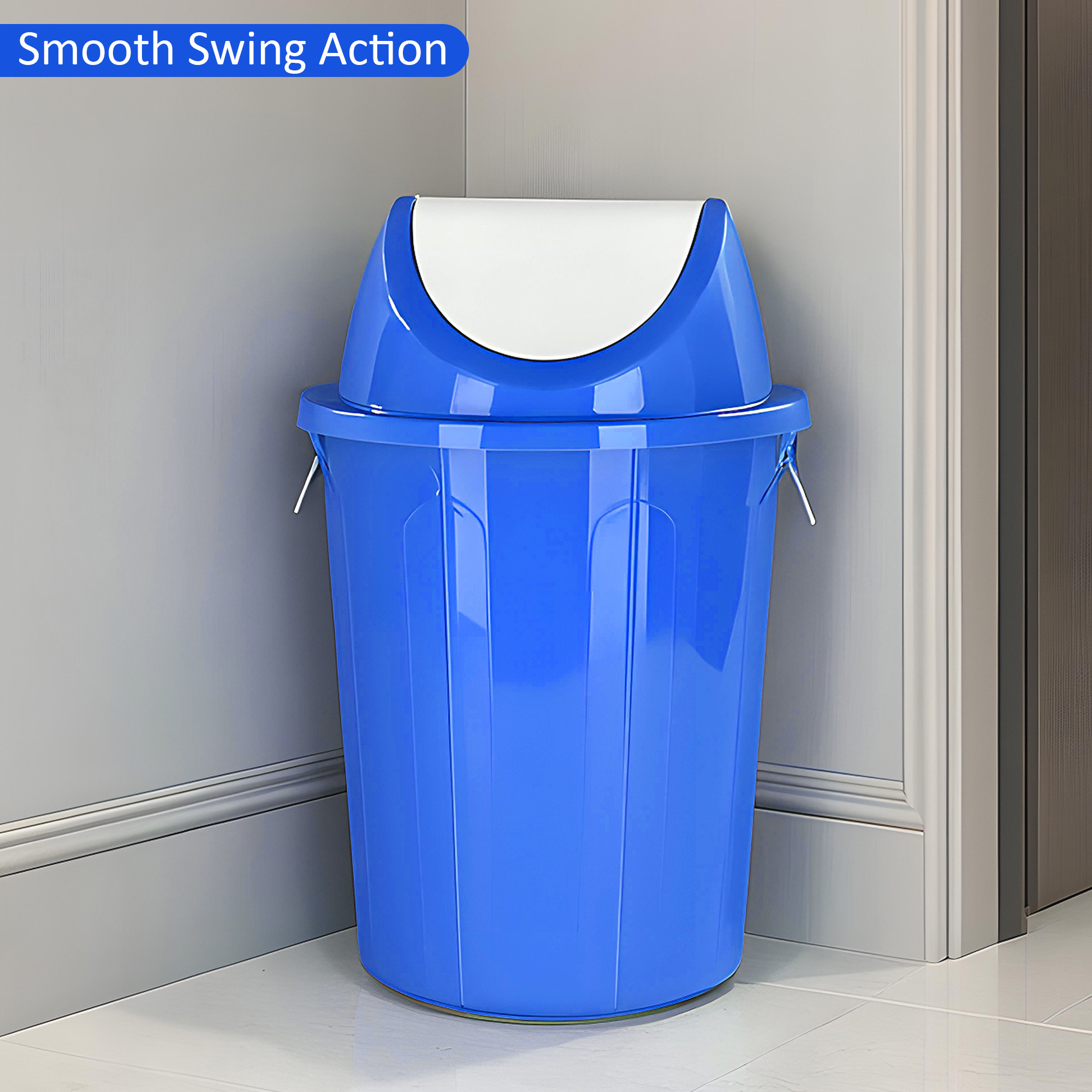 61 LTR Plastic Swinging Lid Dustbin for Home  Multipurpose Large Garbage Waste Bin with Handle for Indoor  Outdoor  White  Blue