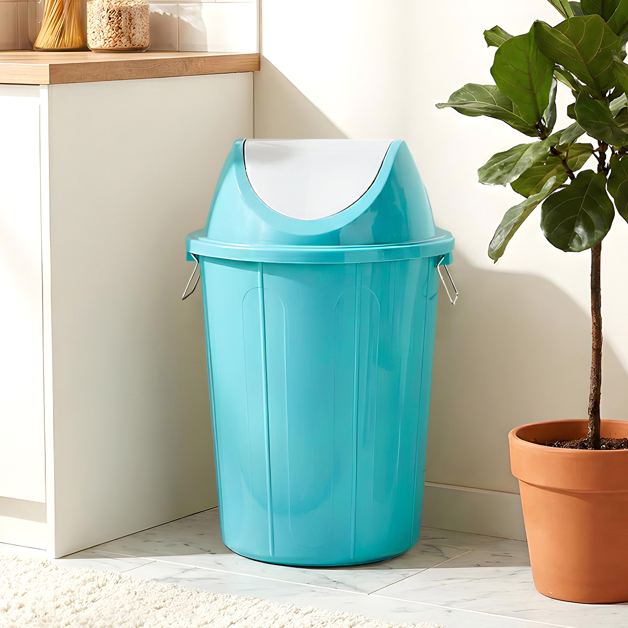 61 LTR Plastic Swinging Lid Dustbin for Home  Multipurpose Large Garbage Waste Bin with Handle for Indoor  Outdoor  White  Green