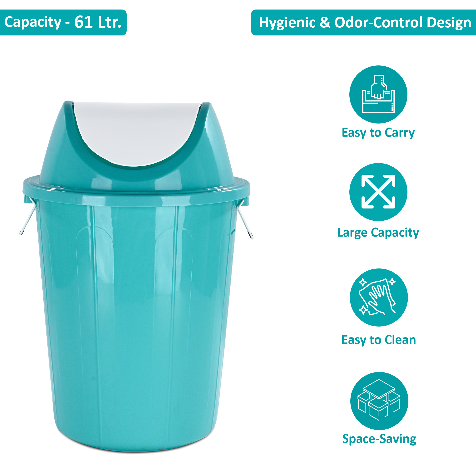 61 LTR Plastic Swinging Lid Dustbin for Home  Multipurpose Large Garbage Waste Bin with Handle for Indoor  Outdoor  White  Green