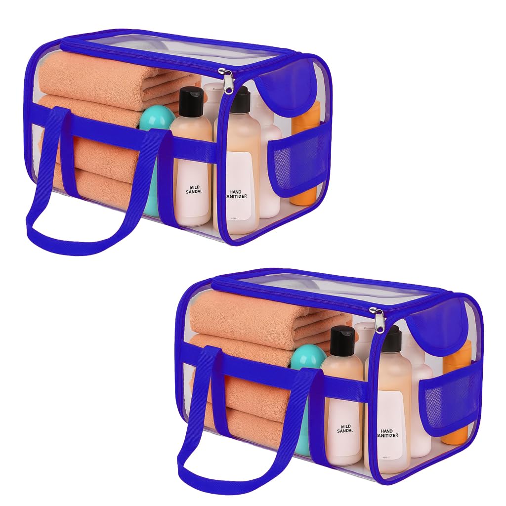 Kuber Industries PVC Waterproof Transparent Large Travel Toiletry Bag for ManWoman with Handle  Cosmetic  Makeup Organizer Pouch for Skincare  Shaving Kit  Blue