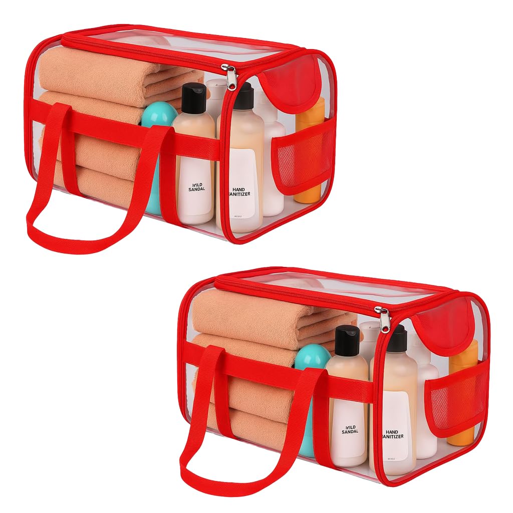 Kuber Industries PVC Waterproof Transparent Large Travel Toiletry Bag for ManWoman with Handle  Cosmetic  Makeup Organizer Pouch for Skincare  Shaving Kit  Red