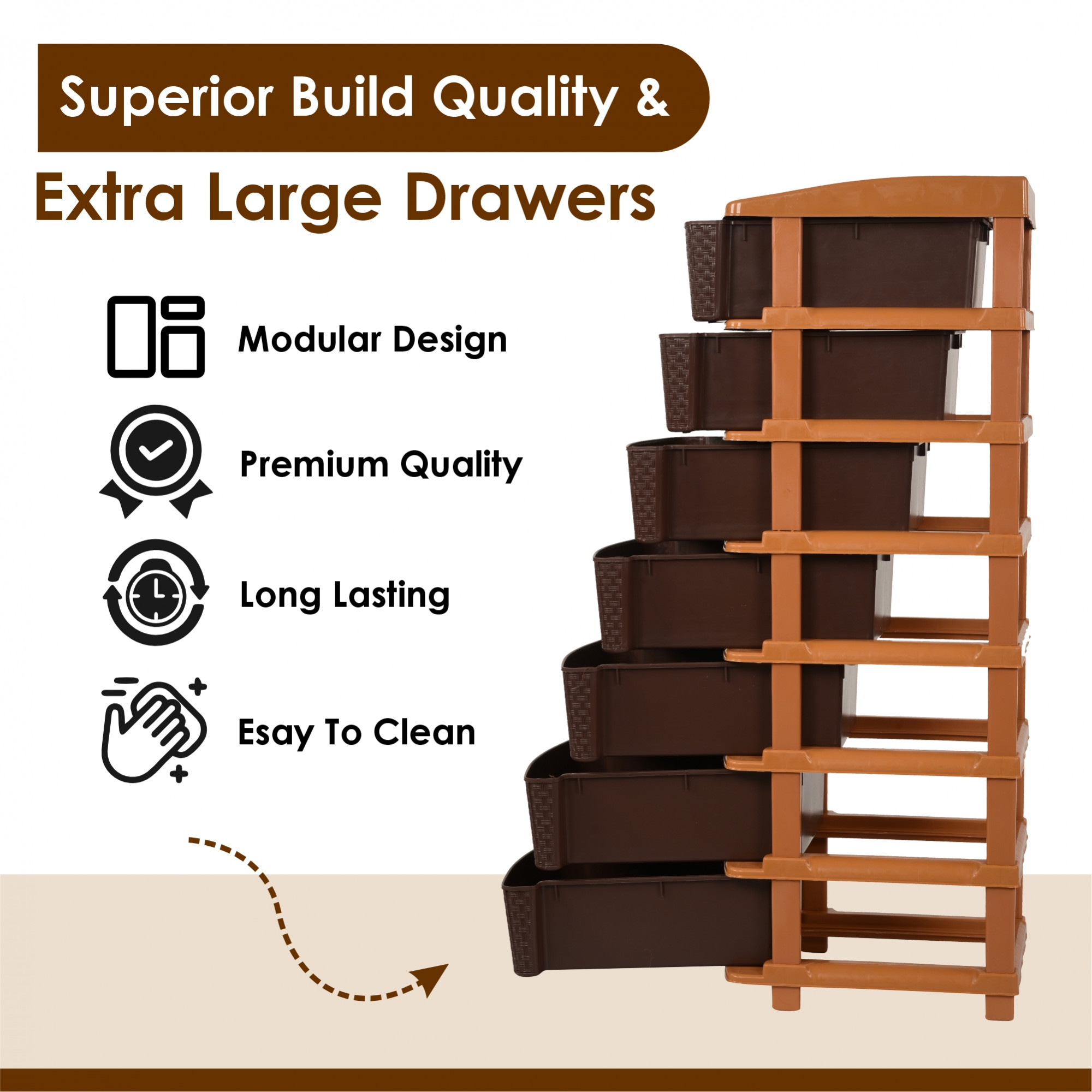 7-Layer  57 Ltr Modular Drawer Storage Organizer  Easy-to-Clean Books Clothes  Toys Organizer for Kids Room Bathroom  Parlour  Chocolate Brown