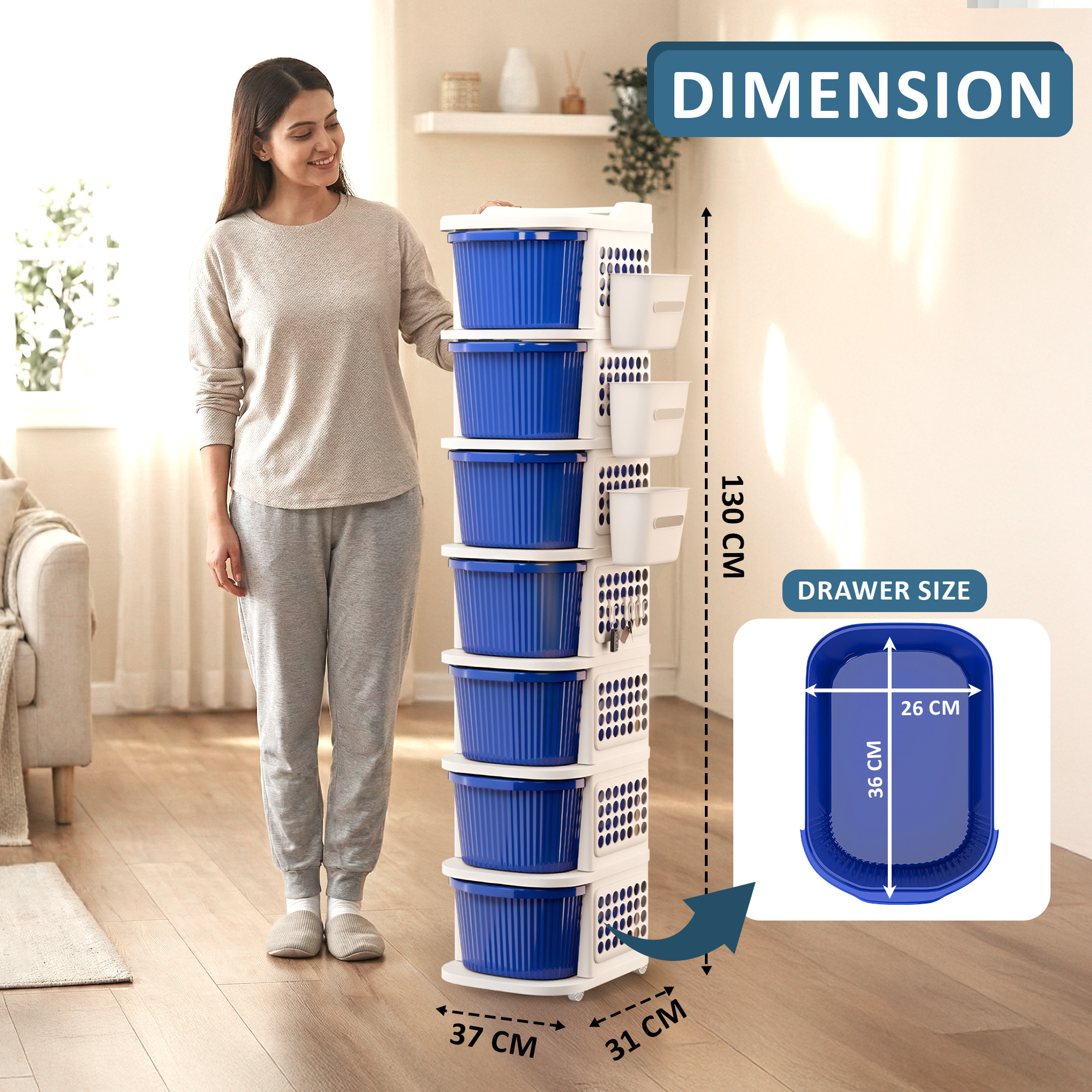 7 Tier Plastic Storage Drawer Cabinet with Side BasketHooksIntegrated Handle  Wheels  Modular System for Storage in Home  Ivory  Blue