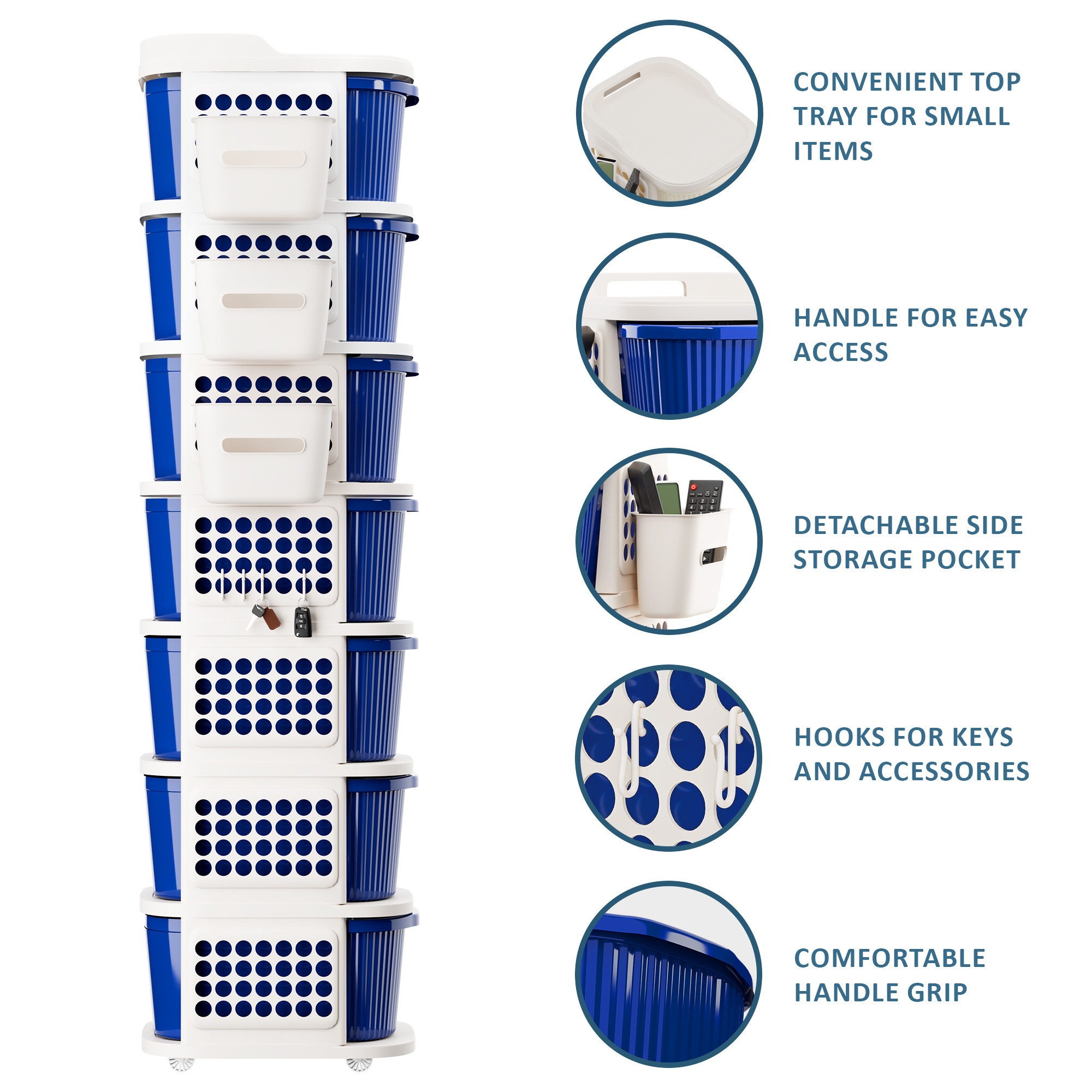 7 Tier Plastic Storage Drawer Cabinet with Side BasketHooksIntegrated Handle  Wheels  Modular System for Storage in Home  Ivory  Blue