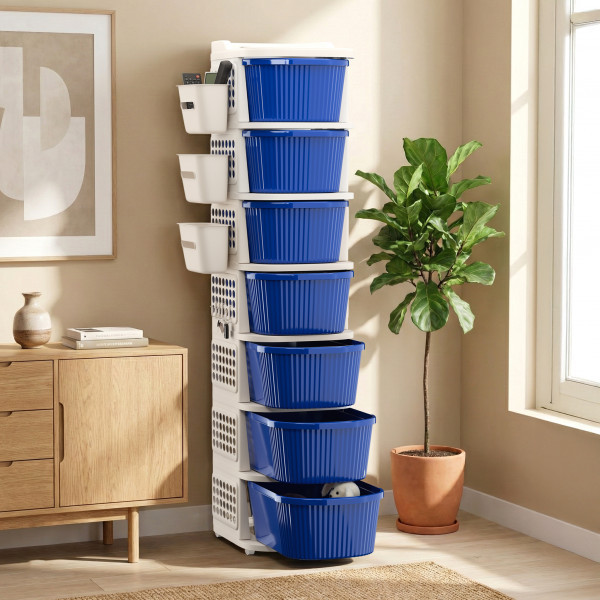 Plastic Storage Drawer Cabinet with Side BasketHooksIntegrated Handle  Wheels  Modular System for Storage in Home  Ivory  Blue