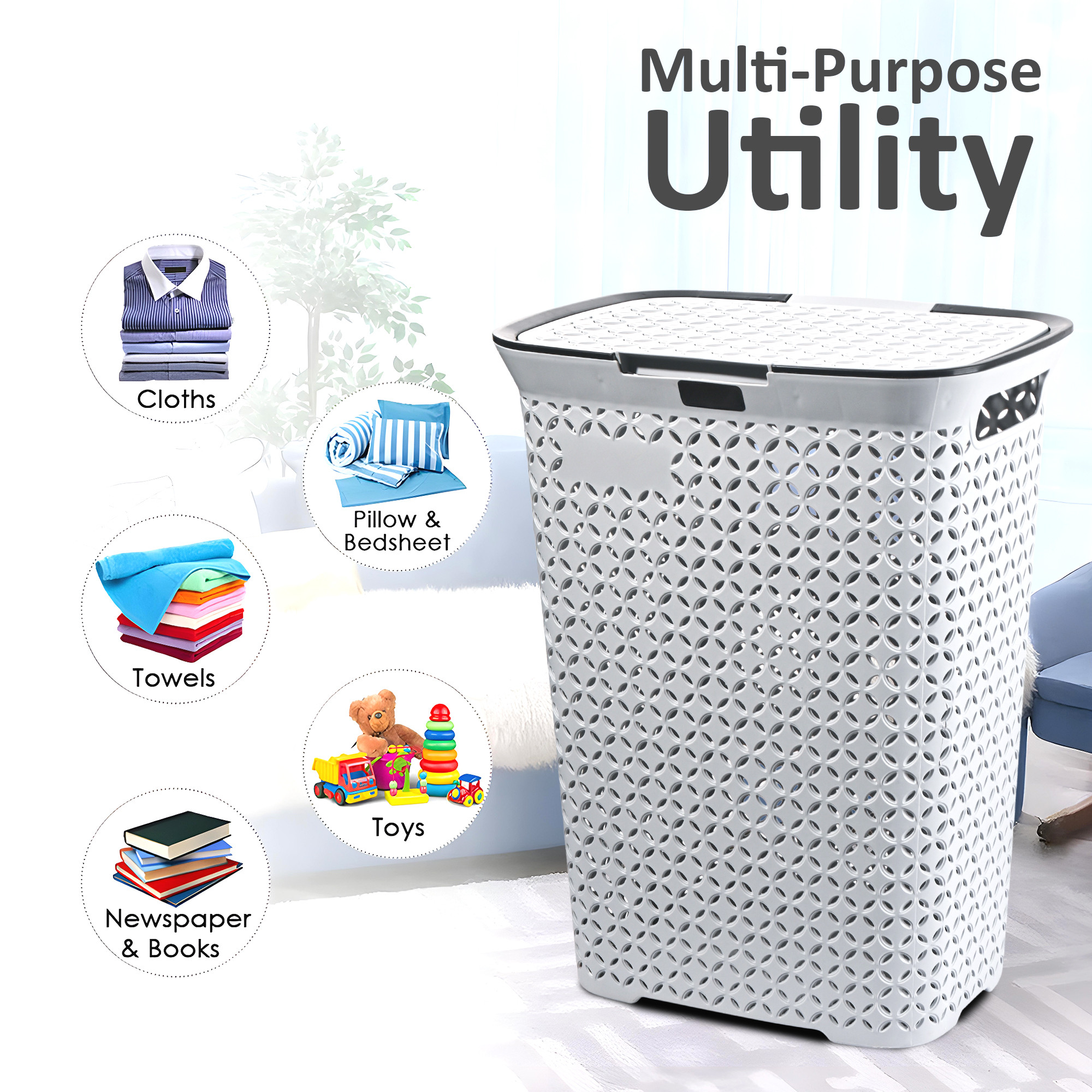 70 Ltrs Plastic Large Laundry Basket for Clothes with Lid  Multipurpose Storage Organiser for Home Bedroom and Bathroom  Grey