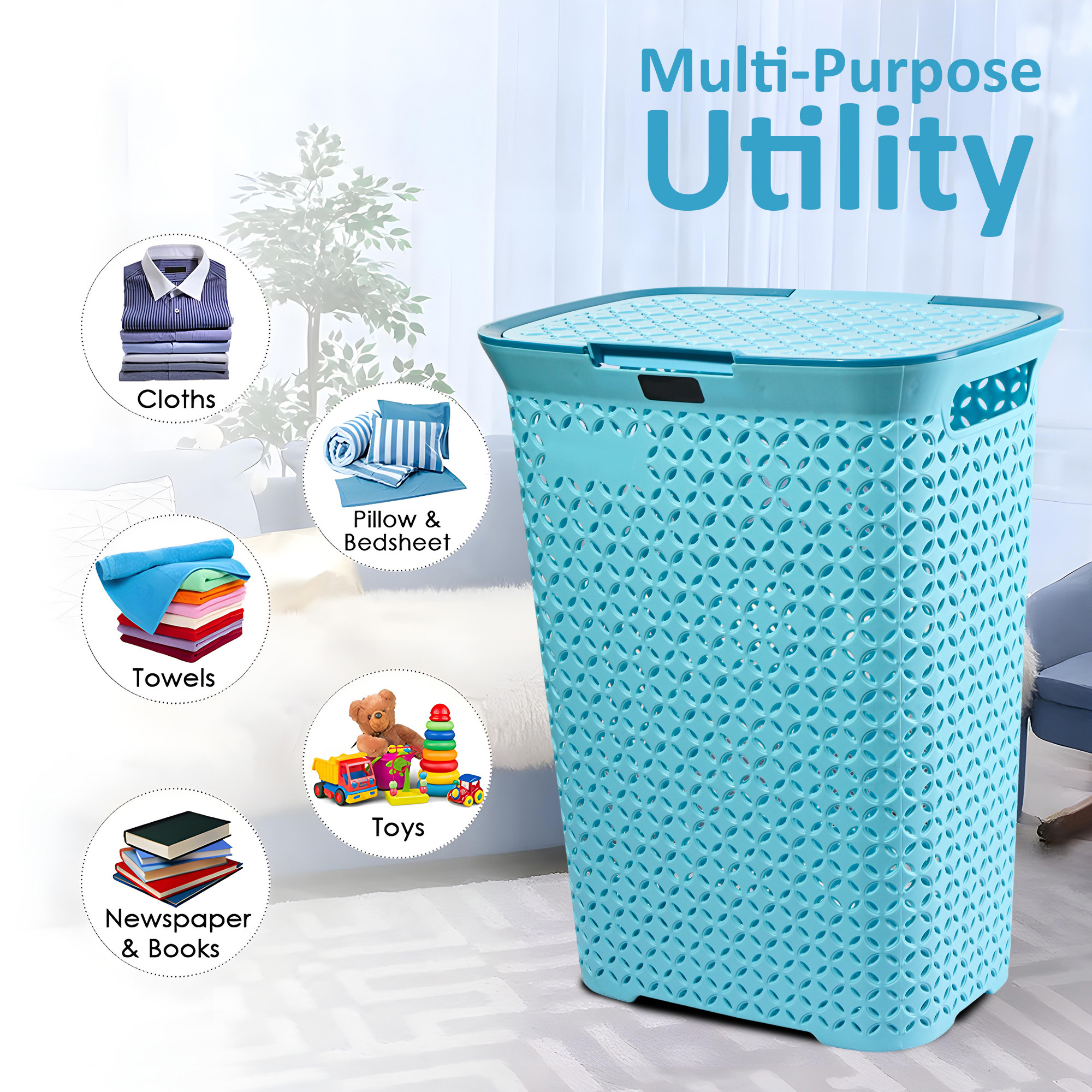 70 Ltrs Plastic Large Laundry Basket for Clothes with Lid  Multipurpose Storage Organiser for Home Bedroom and Bathroom  Aero Blue