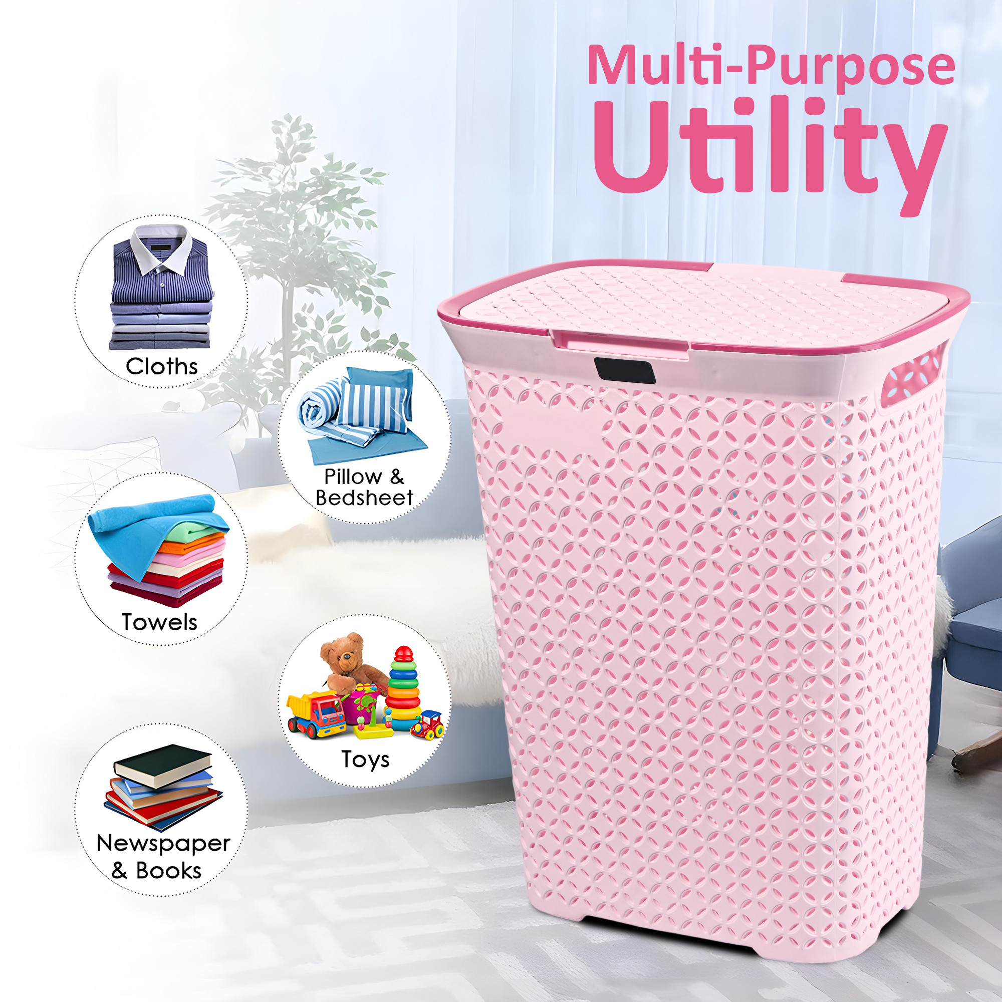 70 Ltrs Plastic Large Laundry Basket for Clothes with Lid  Multipurpose Storage Organiser for Home Bedroom and Bathroom  Pale Pink