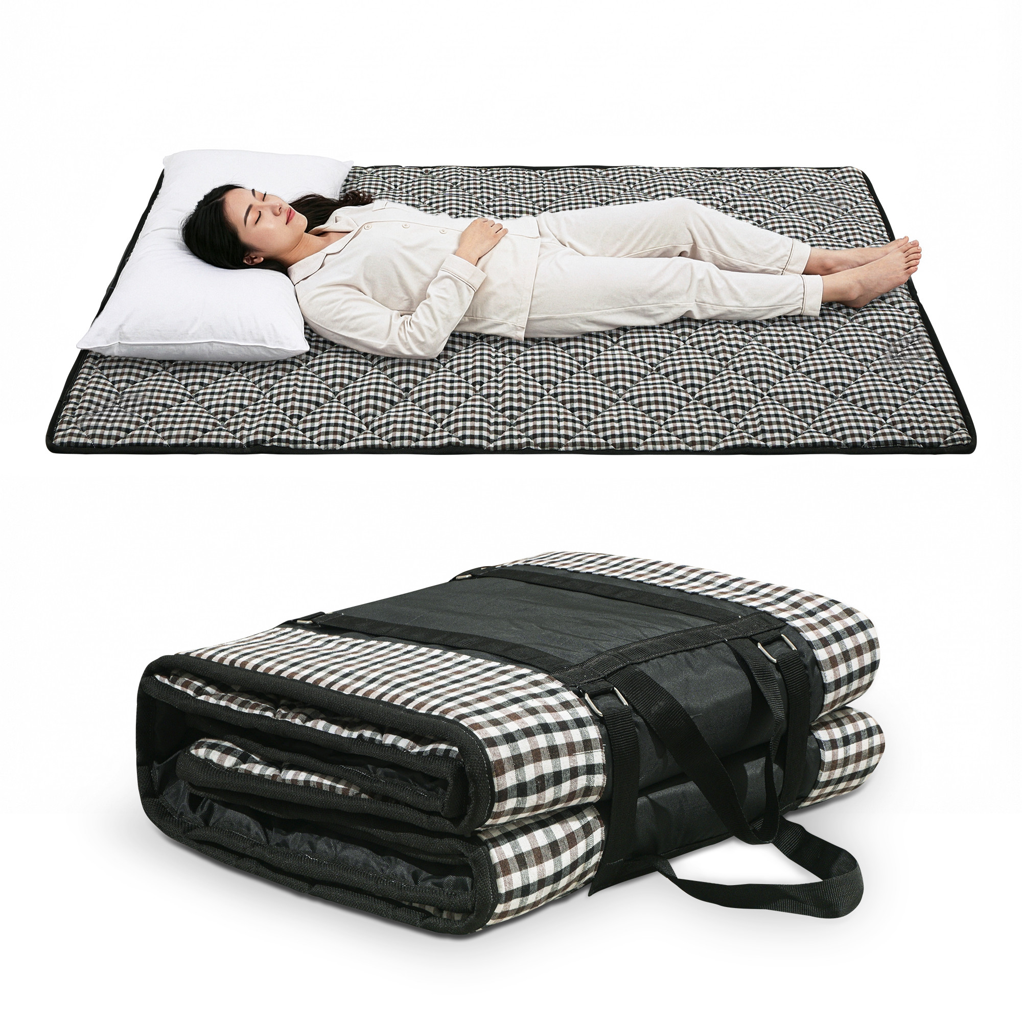 72x36 Inch Foldable Floor Mattress Single Bed  Cotton Bedding for Outdoor Camping  Floor Mattress with Handle for Traveling  Checked - Brown  Black