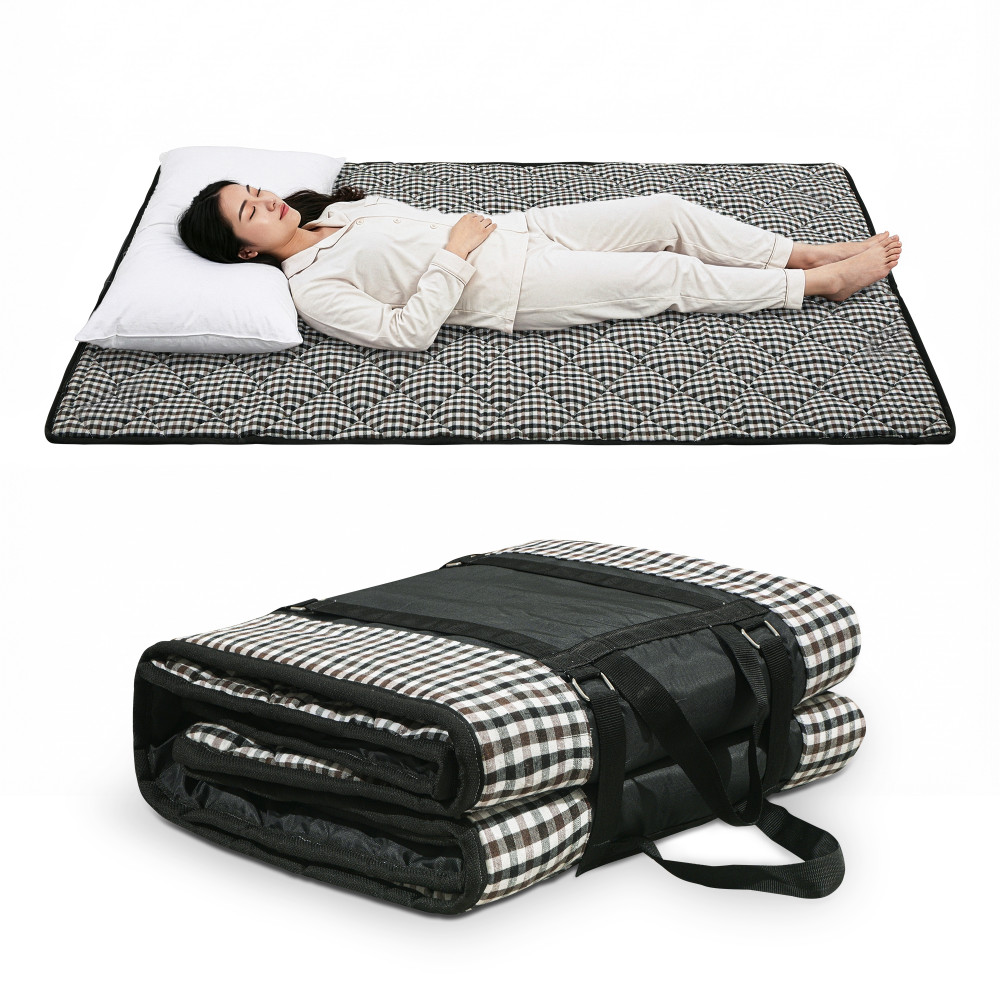 Image of 72x36 Inch Foldable Floor Mattress Single Bed | Cotton Bedding for Outdoor Camping | Floor Mattress with Handle for Traveling | Checked - Brown &amp; Black